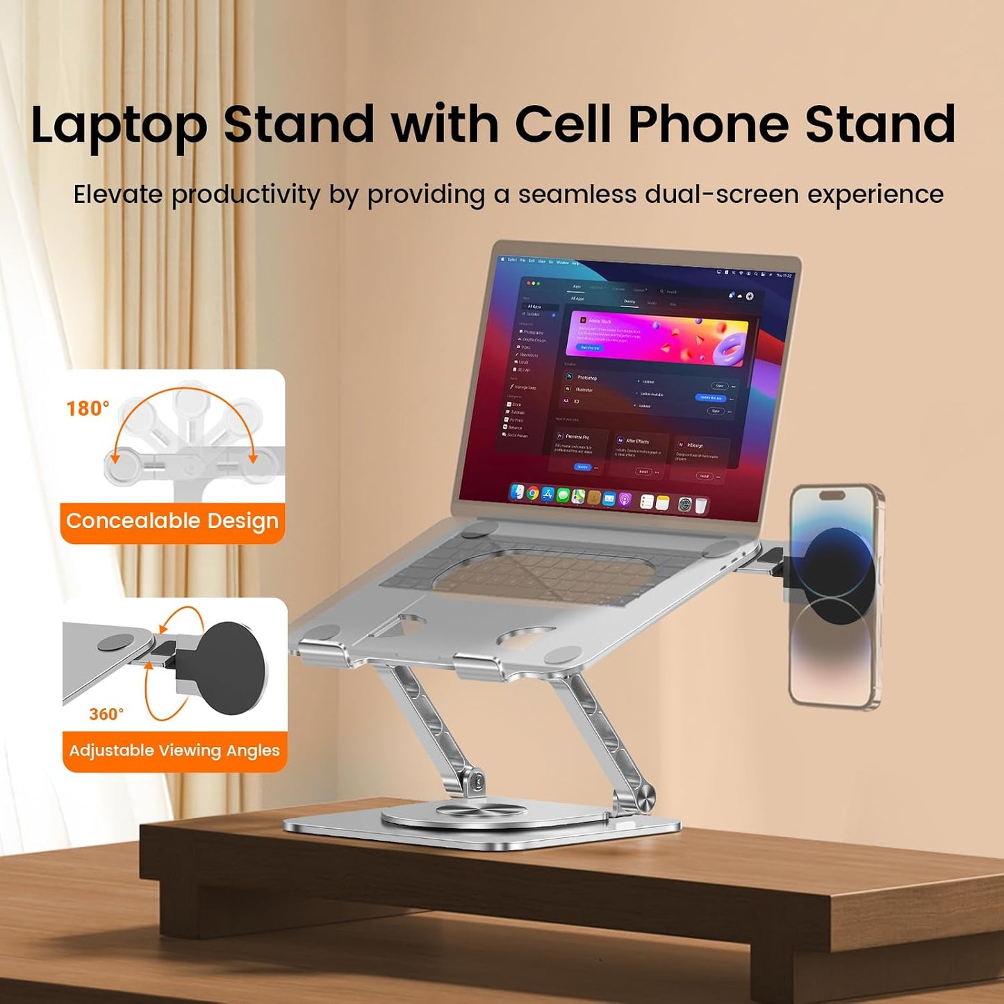 Benriotel 360 12 10-16 Inch Laptop Stand with Magnetic Phone Holder for Desk, Ergonomic Foldable Laptop Riser