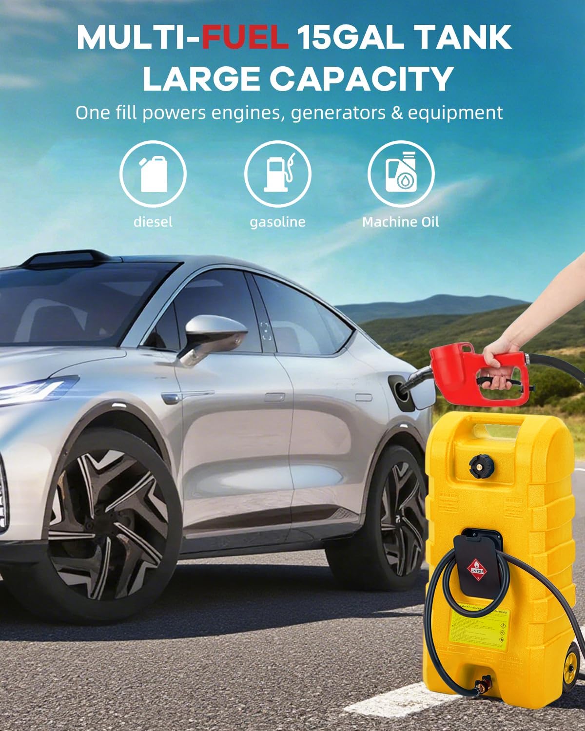 Garvee Heavy Duty 15 Gallon Gas Can Yellow, Fuel Caddy with Manual Fuel Transfer Pump, Portable Fuel Tank on Wheels with 10 ft Hose for Lawn Mowers, Cars, Boats, UTVs, Home and Farm Use