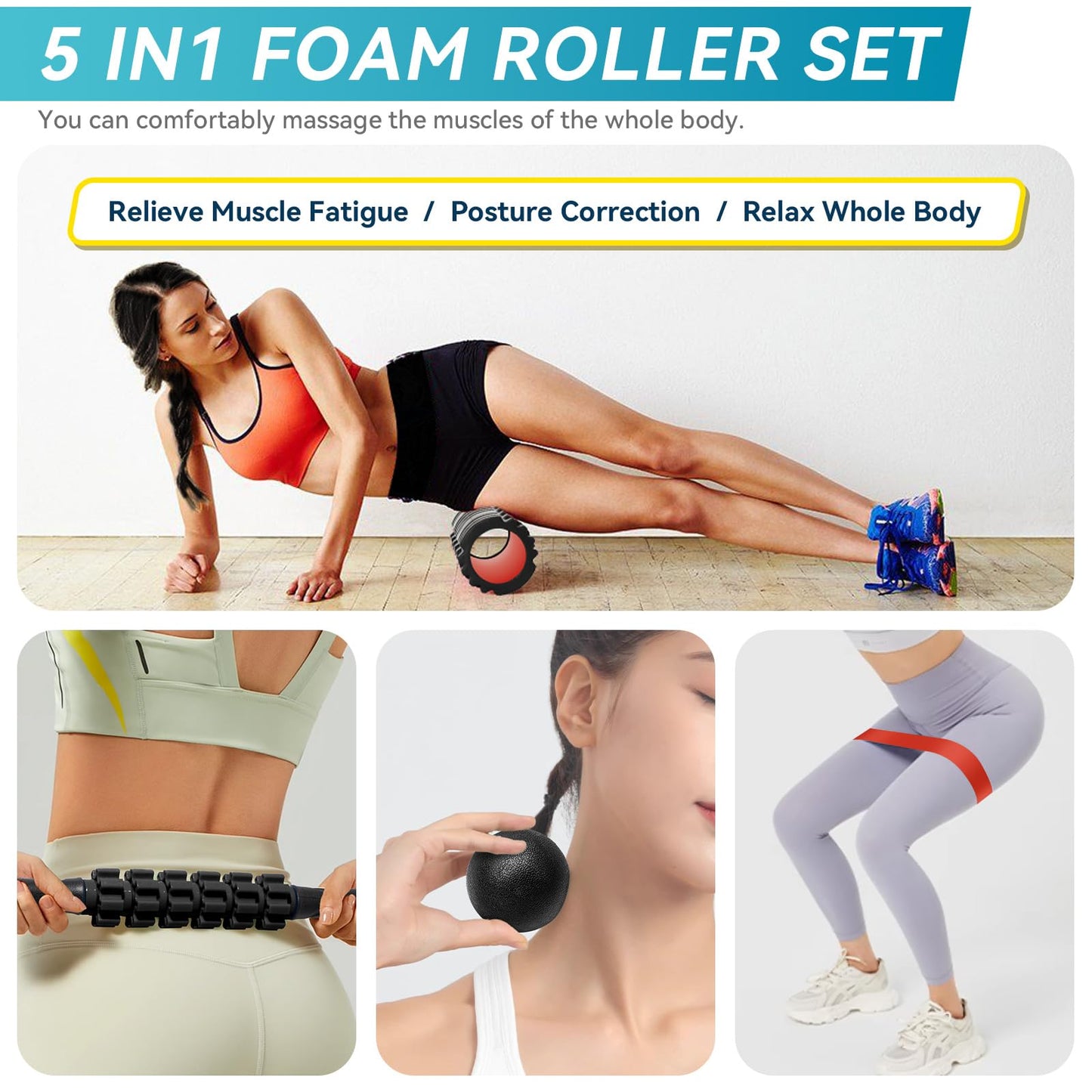 Krightlink 5-in-1 Foam Roller Set - Deep Tissue Muscle Recovery Kit with High Density Exercise Roller, Massage Ball, Resistance Band & Carry Bag for Physical Therapy & Pain Relief (Black)
