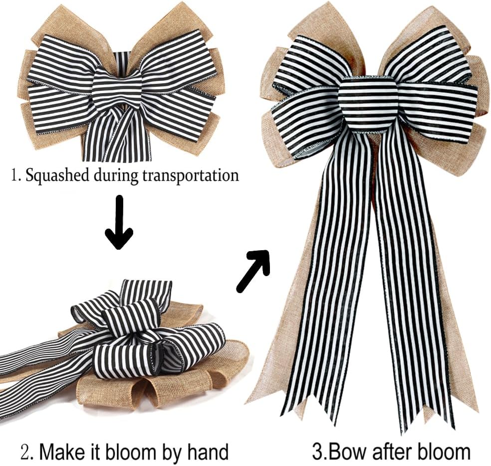 Skiennix 2 Pack Burlap Fall Bows - Black & White Stripe Decor for Wreaths, Weddings & Home