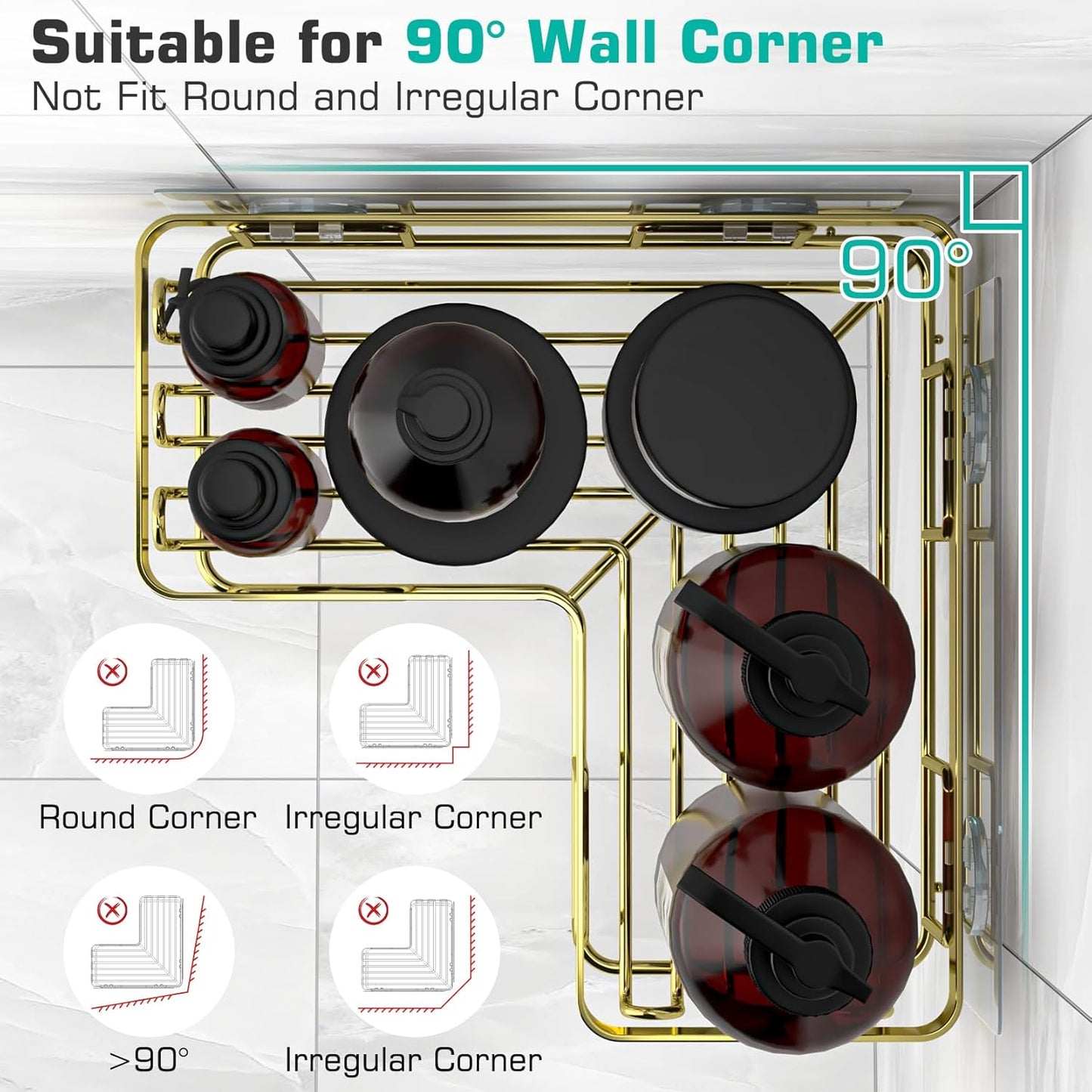 YASONIC Corner Shower Caddy - 3-Pack Adhesive Bathroom Organizer with Soap Holder & 12 Hooks | Rustproof Stainless Steel, Gold