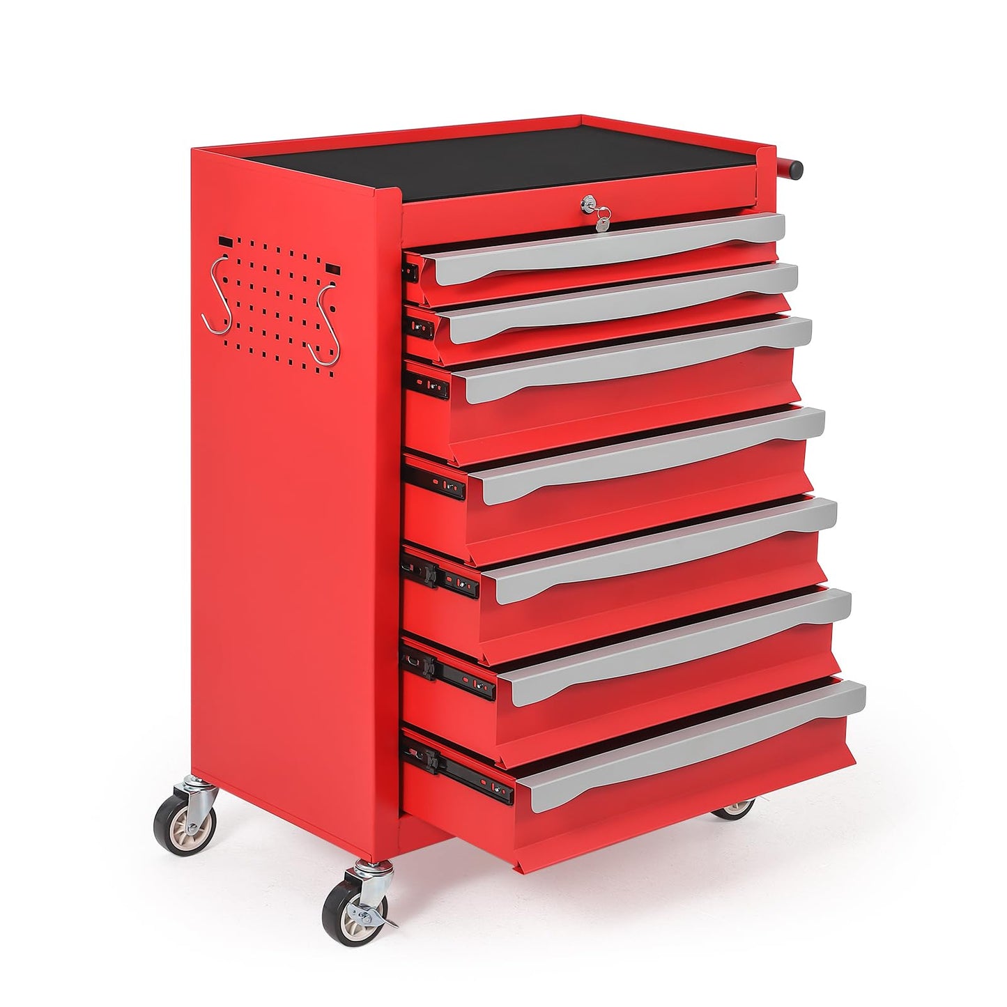 7-Drawer Tool Chest, Rolling Tool Cart with Wheels, Large Capacity Tool Storage Cabinet with Keyed Locking,Drawer Liners&Link Buckle, for Garage, Workshop, Warehouse,24.21"L * 13.78"W * 34.06"H Red