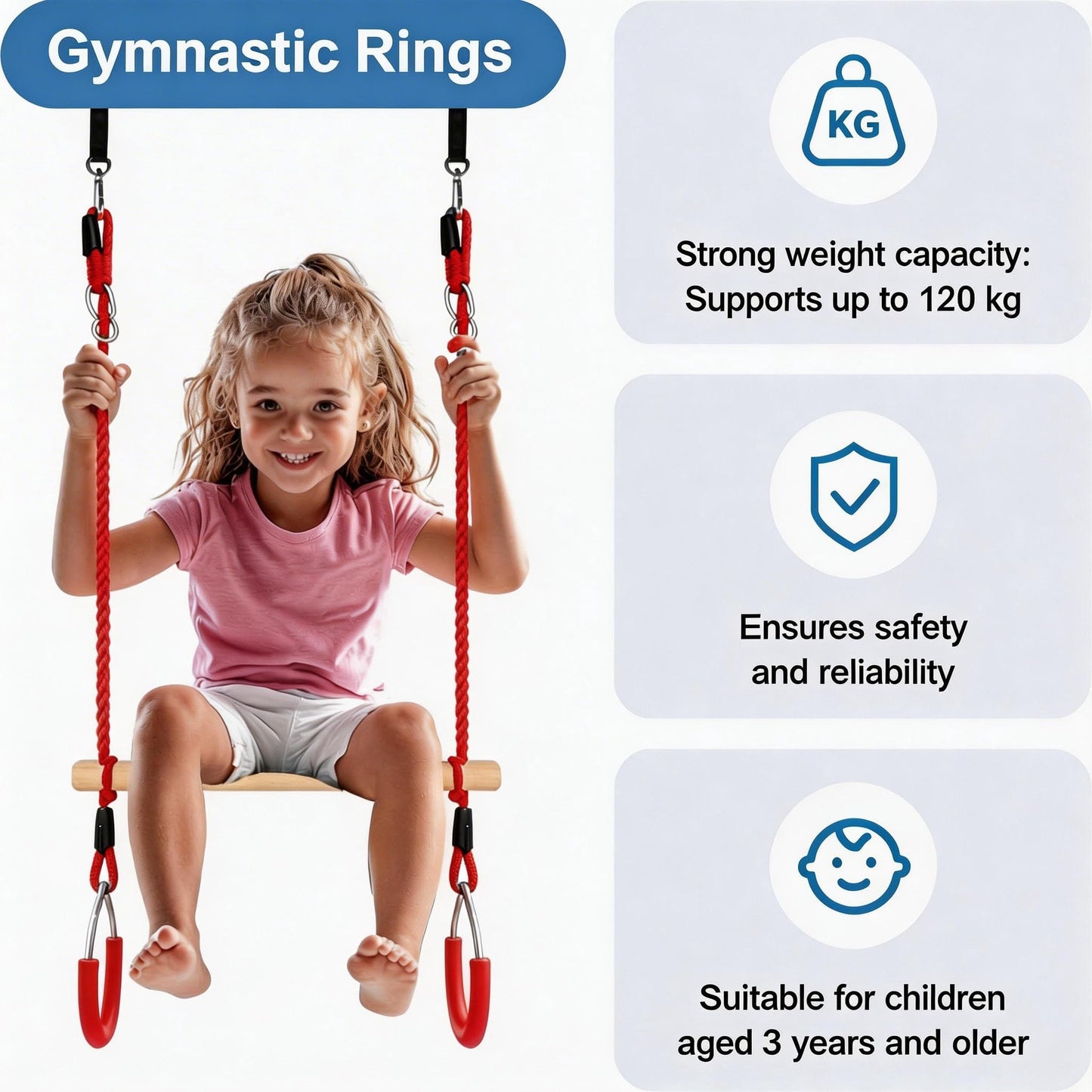 Nets Tribe Trapeze Swing Bar with Gymnastic Rings Warrior Accessories for Obstacle Course Monkey Bars for Indoor Outdoor Garden, Backyard, Playground, Playroom, Red, Wood