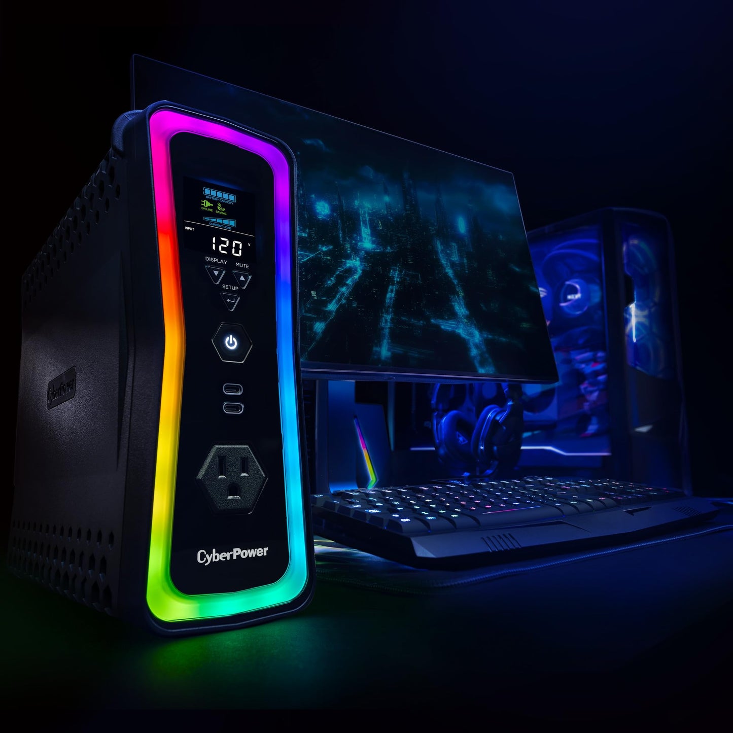 CyberPower GX150C2-E Gaming UPS Battery Backup and Surge Protector, 1500VA/1000W, RGB Lighting, 13 Outlets, USB‑C Charging, UL Certified