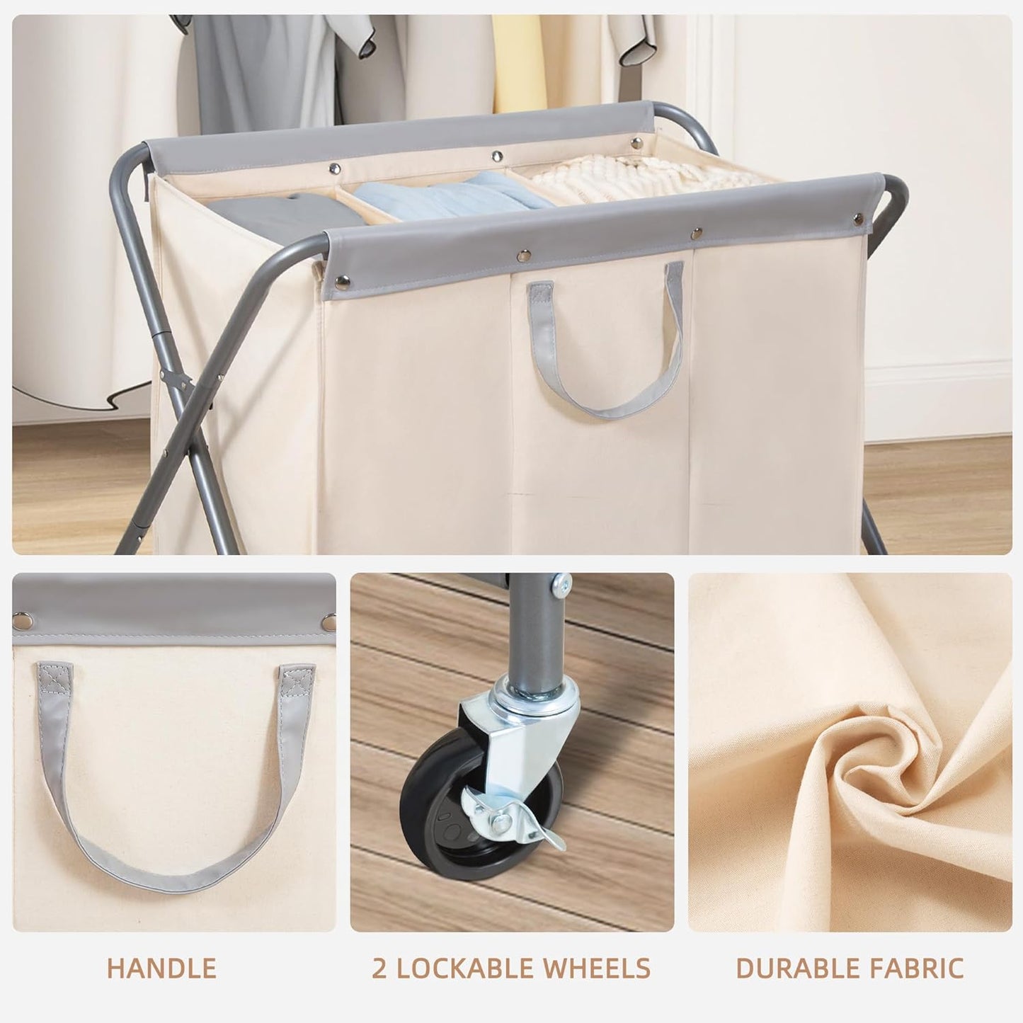 Storage Maniac 160L Collapsible Laundry Hamper - Heavy Duty Rolling Basket with Removable Bag & 3 Sections