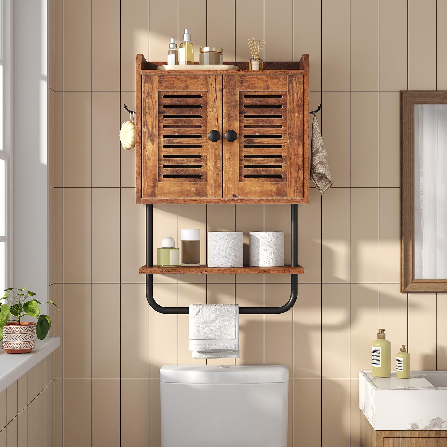 HOOBRO Bathroom Wall Cabinet, Double Doors Medicine Cabinet with Towel Bar, Adjustable Shelf, 2 Hooks, Over The Toilet Storage Cabinet, for Bedroom, Kitchen, Rustic Brown BF46CW01