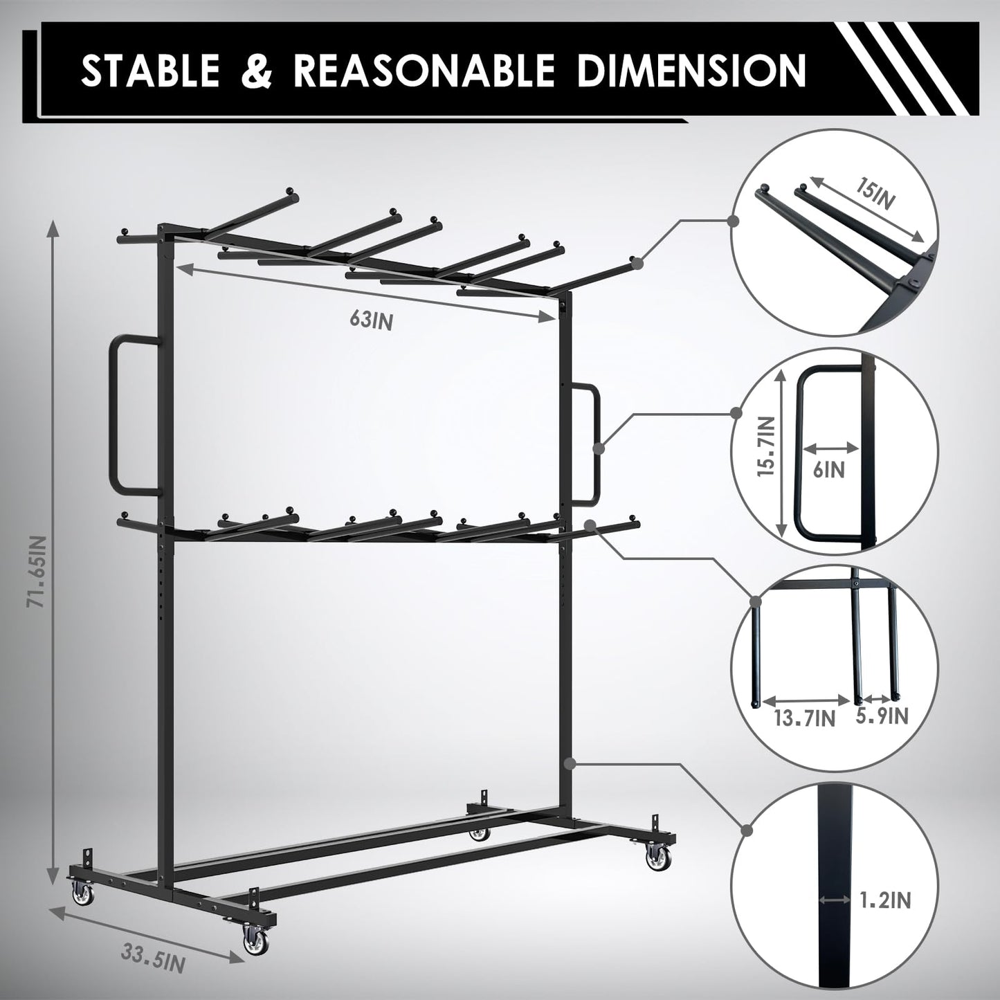 Folding Table And Chair Cart,Two Tier Folding Chair And Table Storage Rack With 800LBS Capacity For 84 Folding Chairs Heavy Metal Folding Chair Holder Rack with Rubber Locking Wheels,Straps and Cover