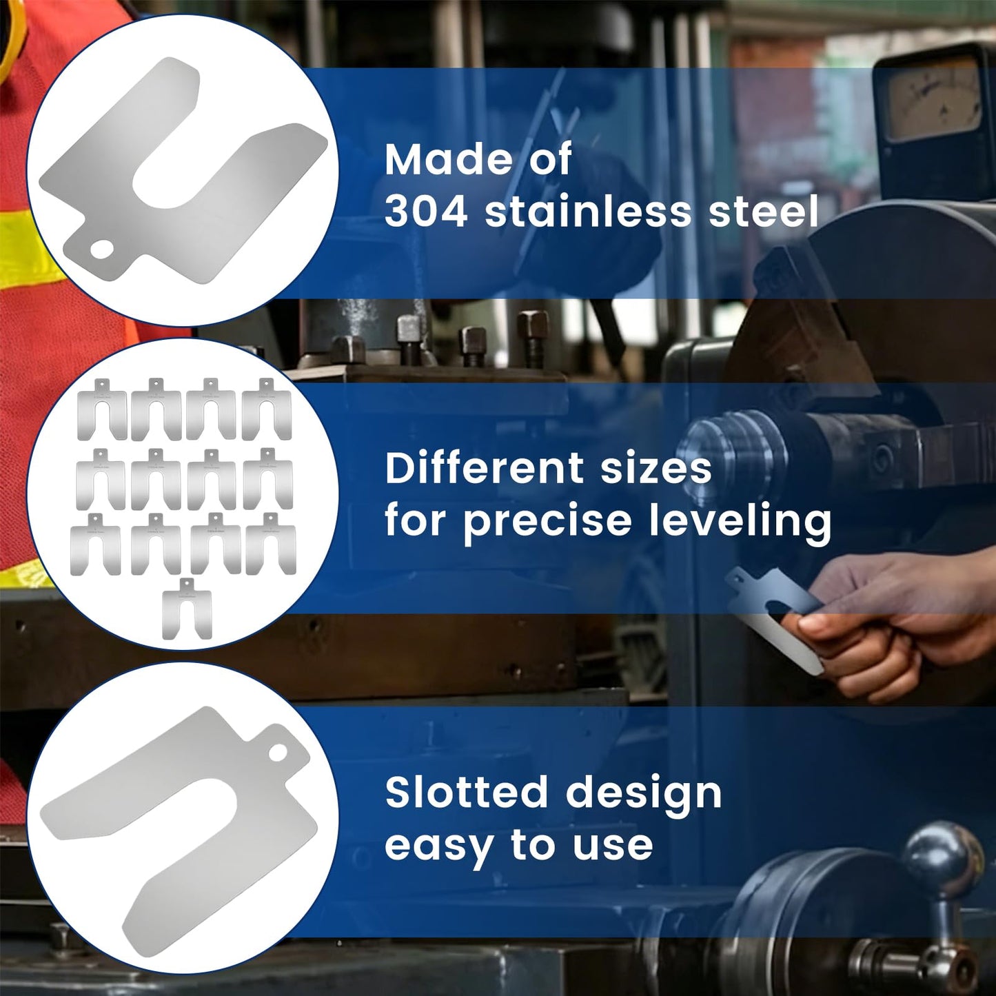 130 PCS Size B 3" x 3" Slotted Shims Kit, 304 Stainless Steel Slotted Shim Kit with Storage Box, Precision Laser-Cut Alignment Metal Shims for Leveling Machinist Tools