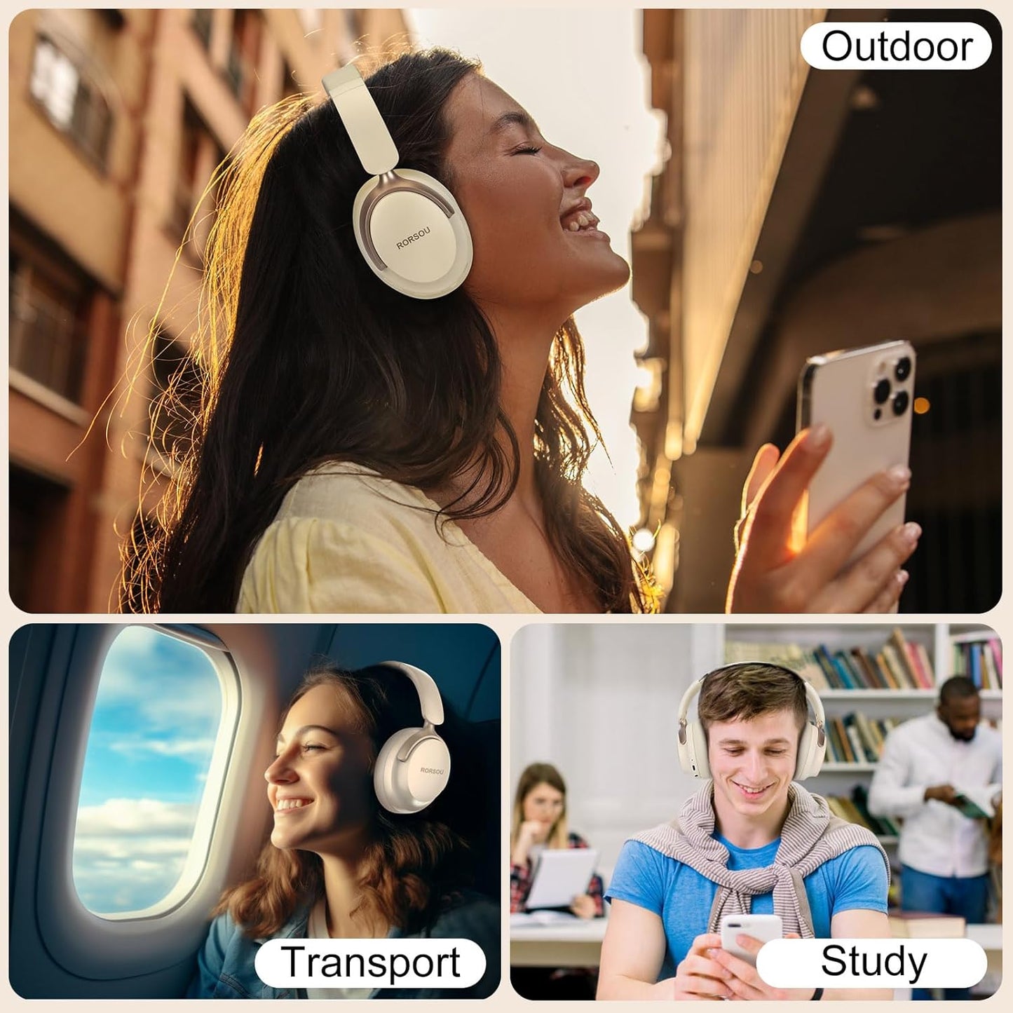 B8 6 50H Headset RORSOU Bluetooth Headphones Over Ear, EQ Music Modes and Playtime Deep Bass Wireless Headphones