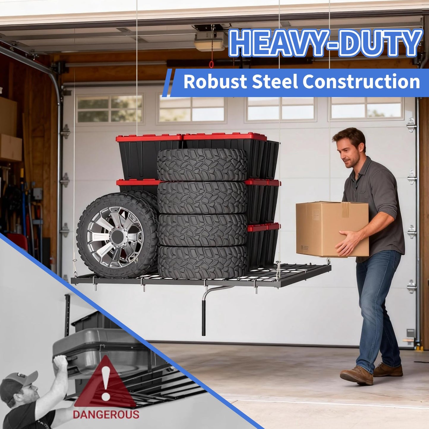 Overhead Garage Lifting Storage Rack, Maximize Your Garage Storage with Our 4x4 Ft Heavy-Duty Ceiling Storage Rack System, Supports 350 lbs, Adjustable & Easy to Install (Black 4x4 ft)