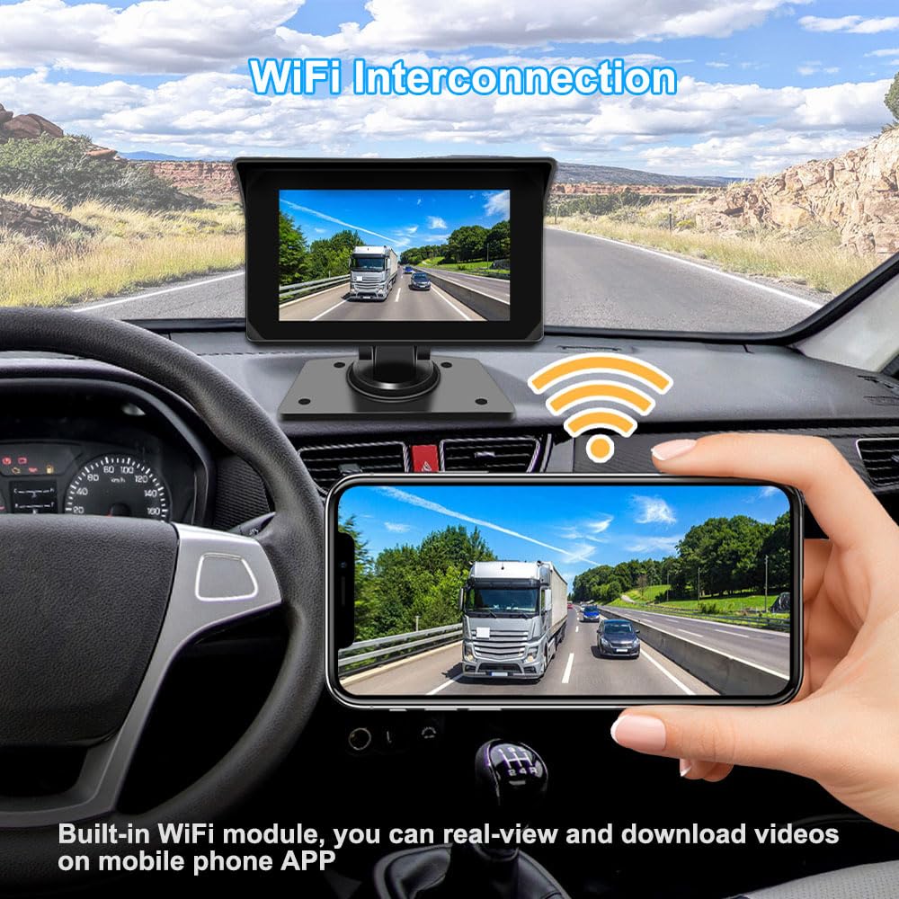 VSYSTO Truck Carplay, 5" Touchscreen WiFi 3CH Truck Dash Cam, GPS Navigation, Parking Monitoring, Front and Left and Right Cameras, Infrared Night Vision, Wired Controller, Temperature Display