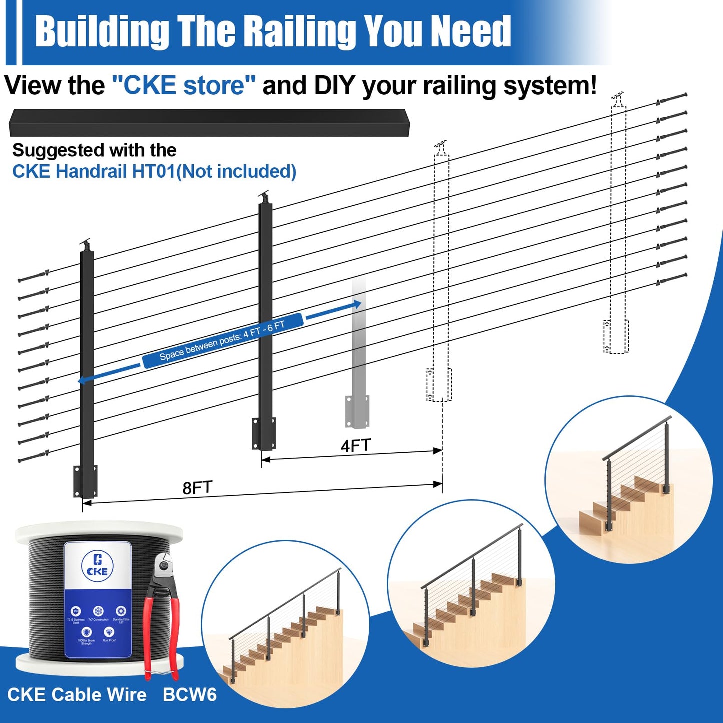 CKE Black Side Mount Stair Cable Railing Post 36 Inch (Post 44"x2"x2") for 25-35 Degrees Stair Railing, Left Side Space-Saving Stainless Steel Cable Railing System Kit Stair Post Indoor Outdoor SP03