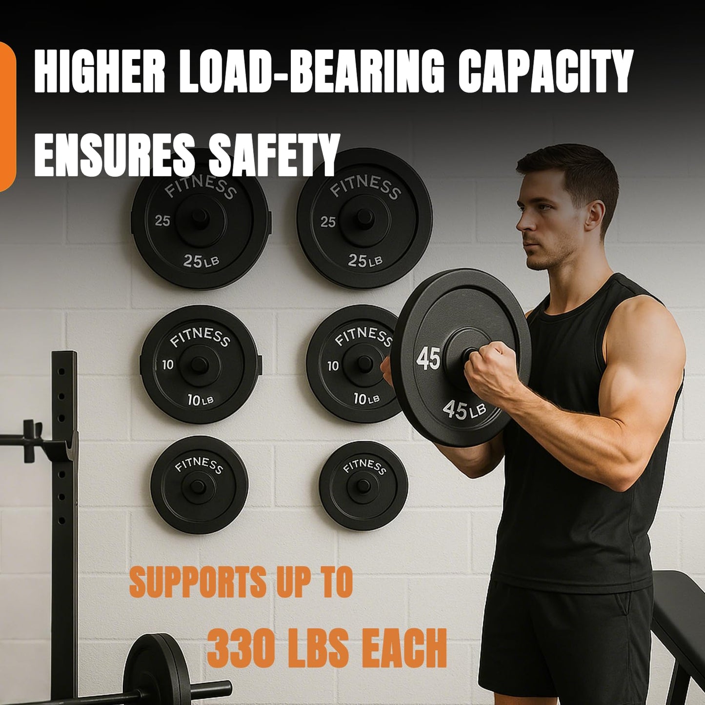 CAELUM Weight Plate Holder, Wall Mounted Weight Rack for 2-Inch Olympic Plates, Heavy Duty Alloy Steel Plate Holder, Max Weight Capacity 330lb, Space-Saving Storage Stand for Home Gym Organization