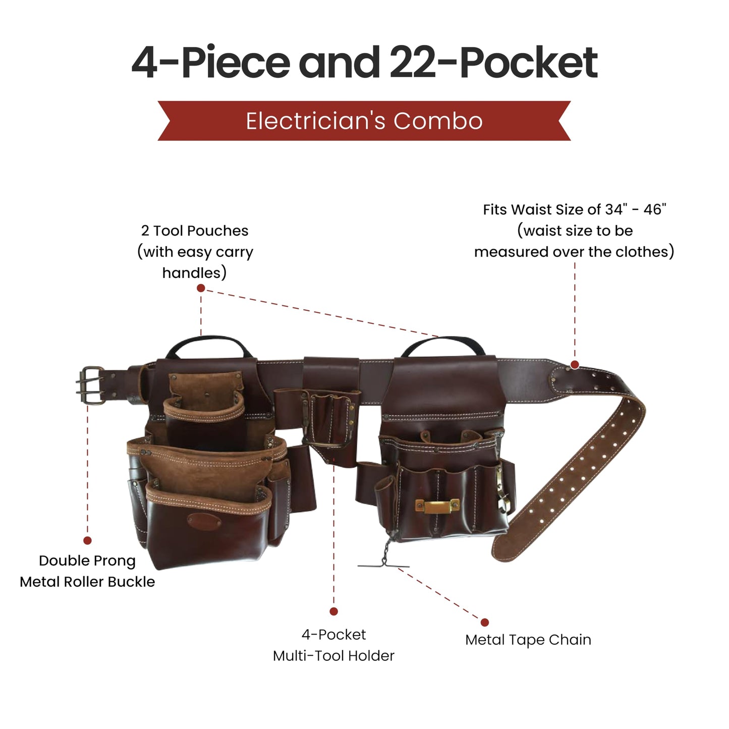 Style n Craft 4-Piece and 22-Pocket Electrician’s Combo, Tool Belt with 2 Tool Pouches and a 4-Pocket Multi-Tool Holder, Full-Grain Leather Electrician Tool Belt, Dark Tan (98464)