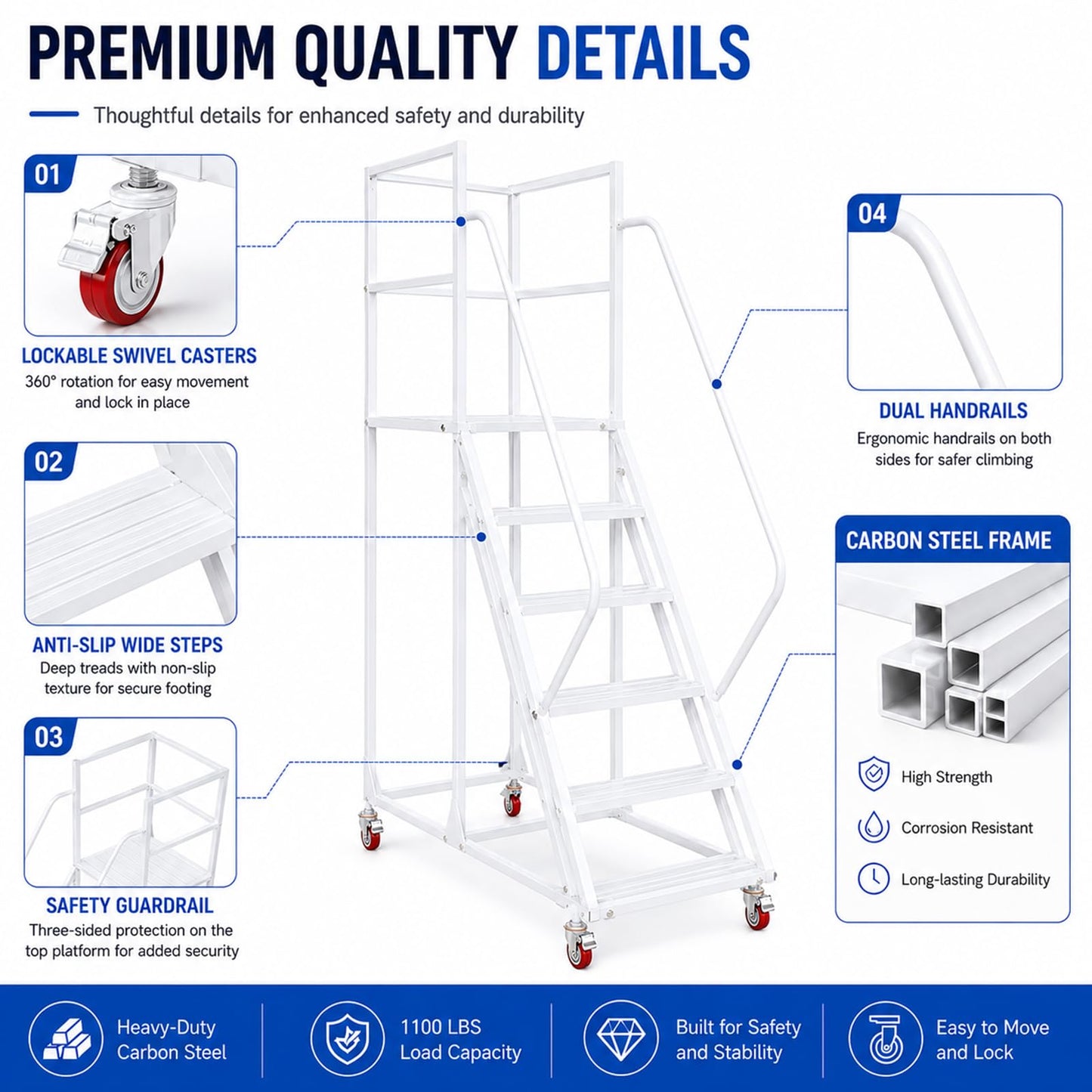 6-Step Rolling Warehouse Step Ladder, Lockable Wheels, Non-Slip Wide Steps, Dual Handrails, Movable Platform Ladder, Rolling Stairs for Warehouse, Supermarket, Library (White, 6 Steps)