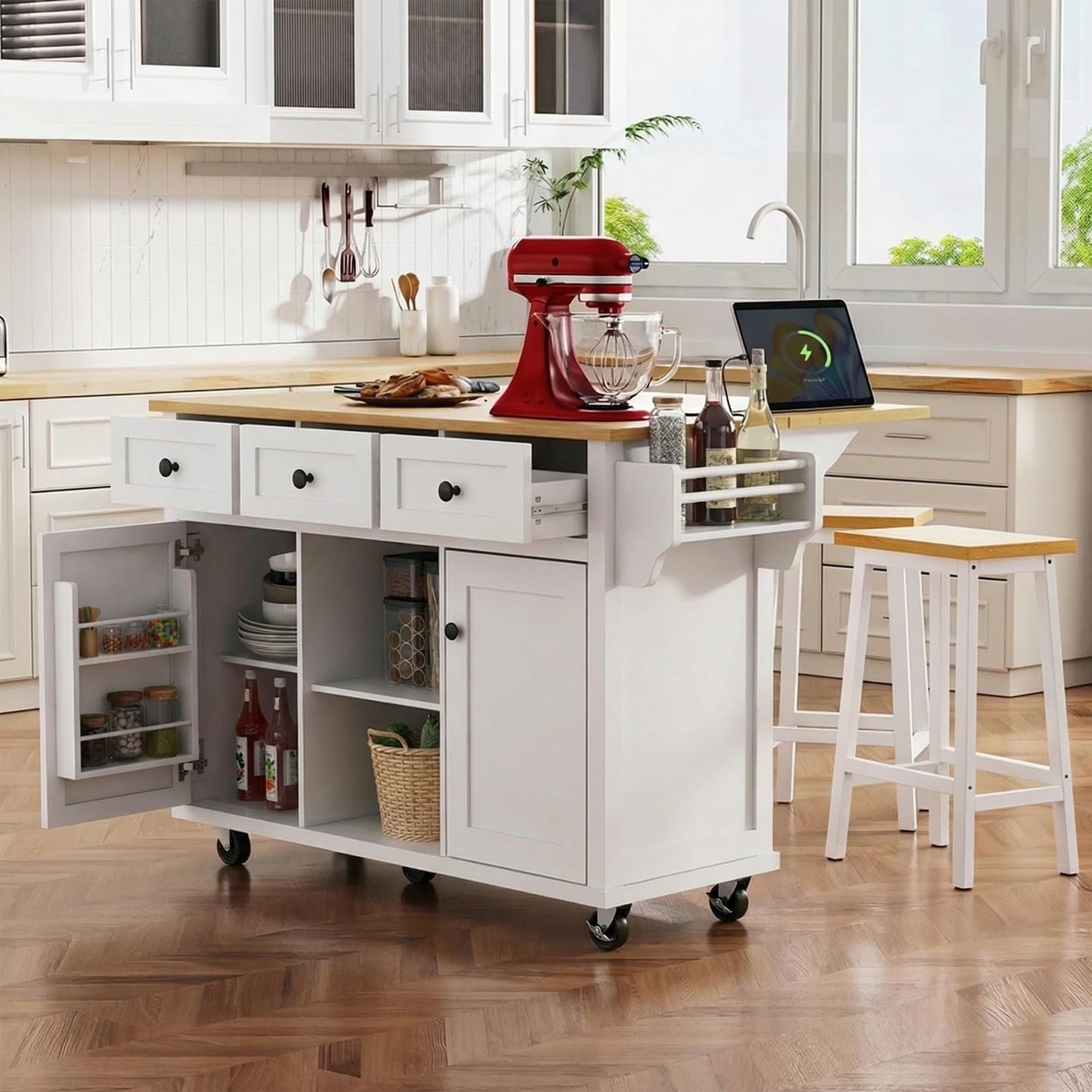 Waully 53'' Mobile Kitchen Island with Seating, Rolling Kitchen Island with Storage and Drop Leaf, 3 Drawers Islands Cart Rubberwood Top, 2 Open Shelves, Isla para Cocina, White + 2 StooIs