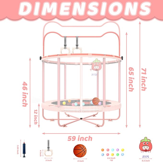 Gardenature 60" Kids Trampoline Indoor, 5ft Toddler Mini Trampoline with Basketball Hoop, Gymnastics Bar, Rings, Christmas Toys Birthday Gifts for Girls Boys Age 3-8