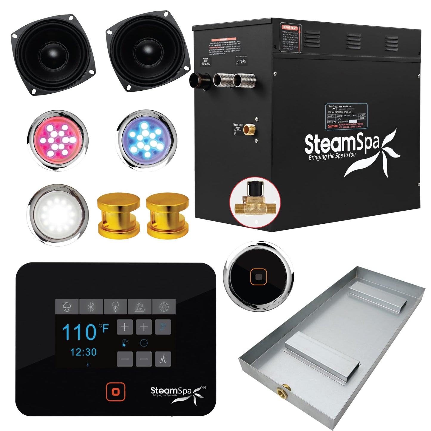 SteamSpa Generator with Quick Start Continuous Steam Technology, Wi-Fi, Bluetooth and Autodrain | 12kW Steam Generator with Gold Steam Head with Aromatherapy Reservoir | RVB1200GD-A
