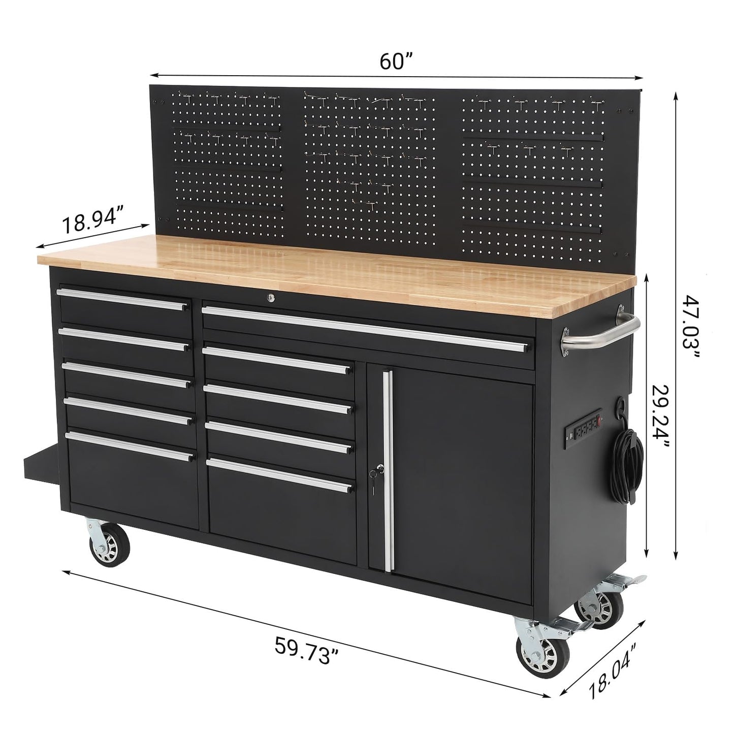 GAOMON 61-inch Rolling Tool Chest, 10 Drawers Garage Workbench Storage Tool Cabinet with Power Strip, Solid Rubber Wood Top, 1675 LBS Load Mobile Workstation, Heavy Duty Rolling Cabinet