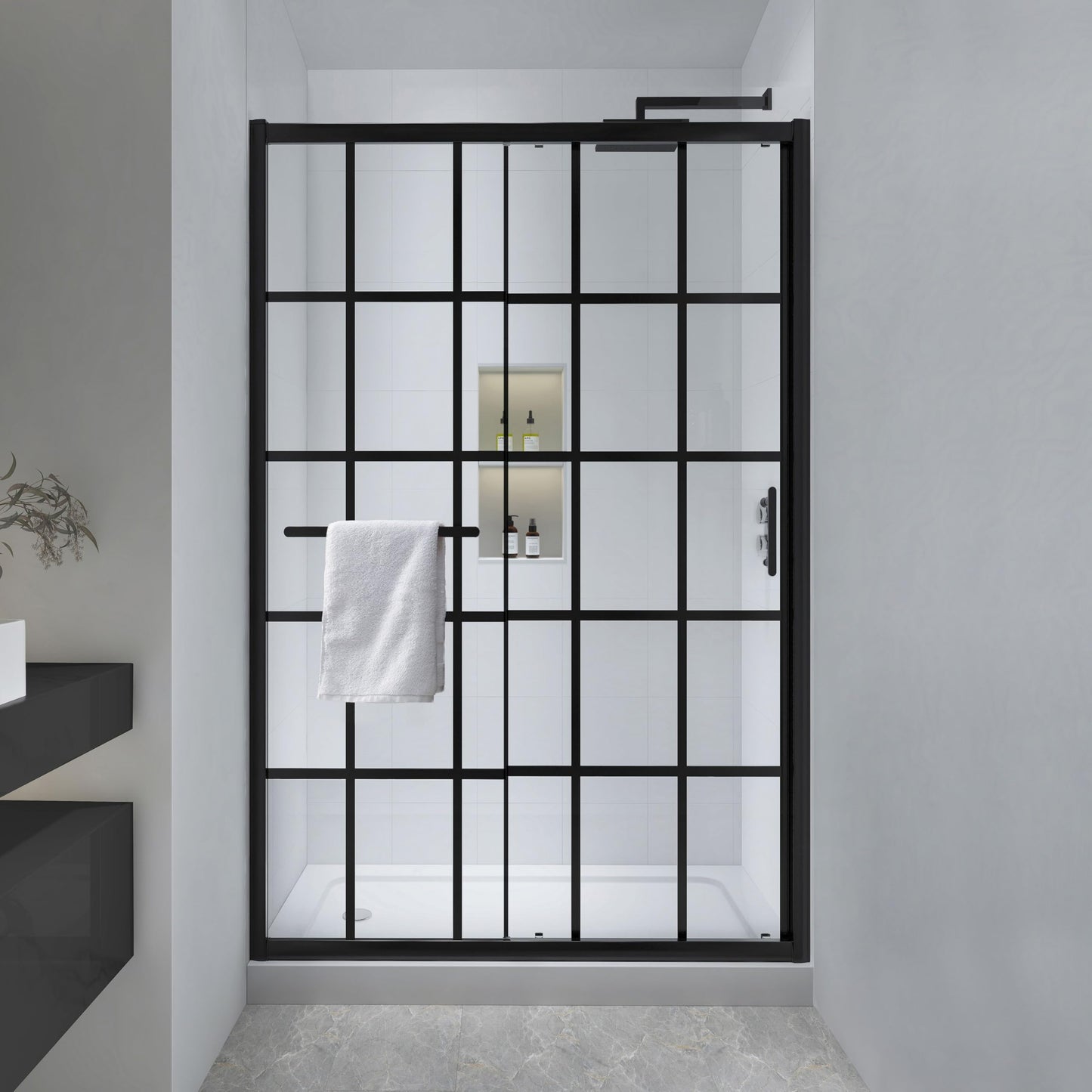 FELYL Black Grid Sliding Shower Door 43-48" W x 72" H, Matte Black, Single Sliding Door, Framed, 1/4" (6mm) SGCC Tempered Glass, Reversible Installation