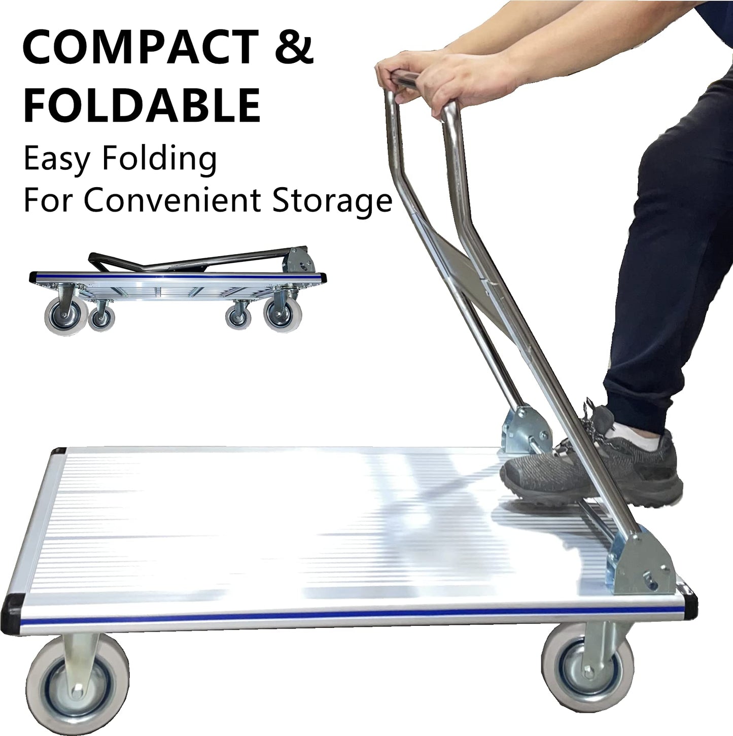 Pake Handling Tools - Folding Platform Truck, Aluminum, 550 lbs Capacity, 35.5" x24'', Compact Foldable Cart for Warehouse, Restaurant, Shops Factories and Home - Flatbed Cart with 4 Rubber Wheels