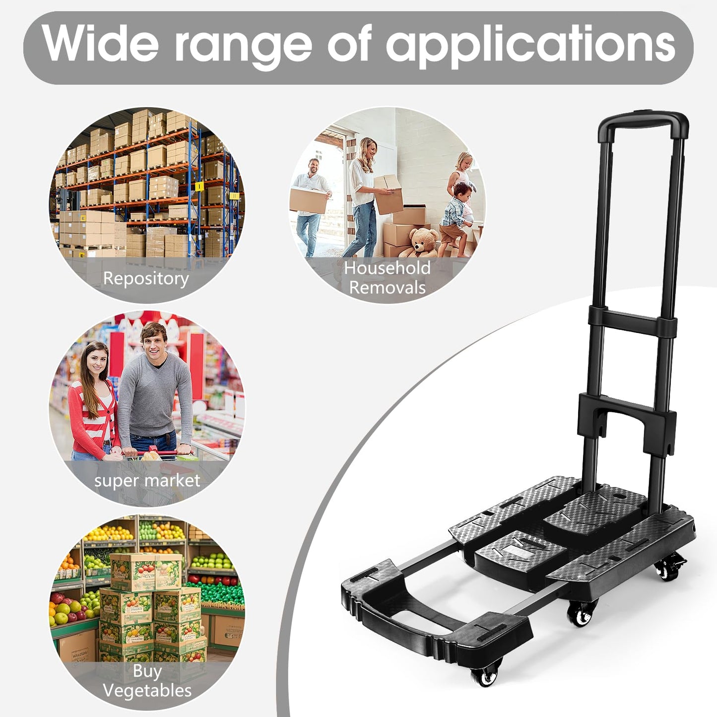 Voipvvii Folding Hand Truck 500lbs, Portable Heavy Duty Dolly Cart, 6 Wheels Collapsible Luggage Cart with 2 Elastic Ropes - Compact Trolley Cart for Easy Moving - Ideal Hand Cart for Travel and More