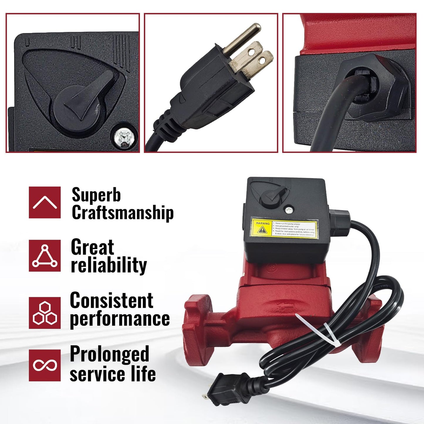 Hot Water Circulator Pump 115V 3-Speed Circulation Pump Cast Iron Recirculating Pump 1/3 HP Compatible with Grundfos UPS26-150F 95906630 for Various Closed-loop Systems