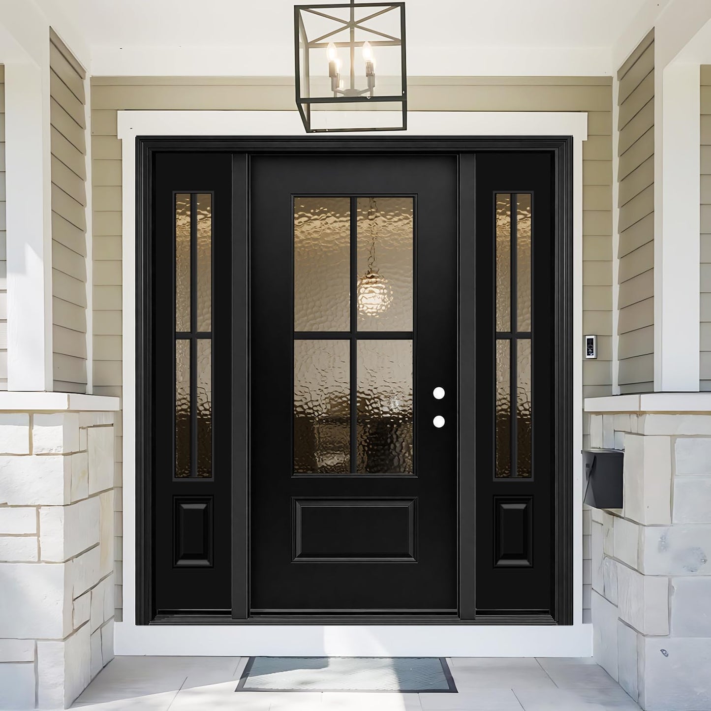 Exterior Fiberglass Front Door 68x80in, Left-Hand Inswing Black Entry Door with 14'' sidelites, Textured Finished with Hammered Glass Knock-Down Entry Door, Vinyl Frame and Brickmould Included