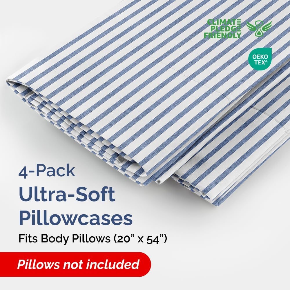 Skiennix Body Pillowcases Set of 4 | Soft & Breathable 20x54 Long Pillow Covers - Fade-Free, Machine Washable (Blue Stripes)