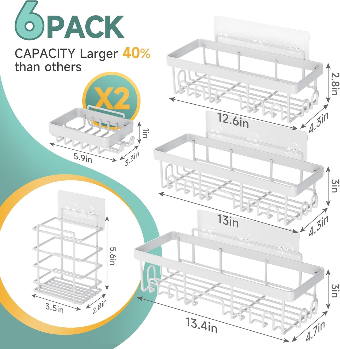 Veken Shower Caddy - 6-Pack Rustproof & Waterproof Adhesive Shelves | Large Bathroom Organizer in White