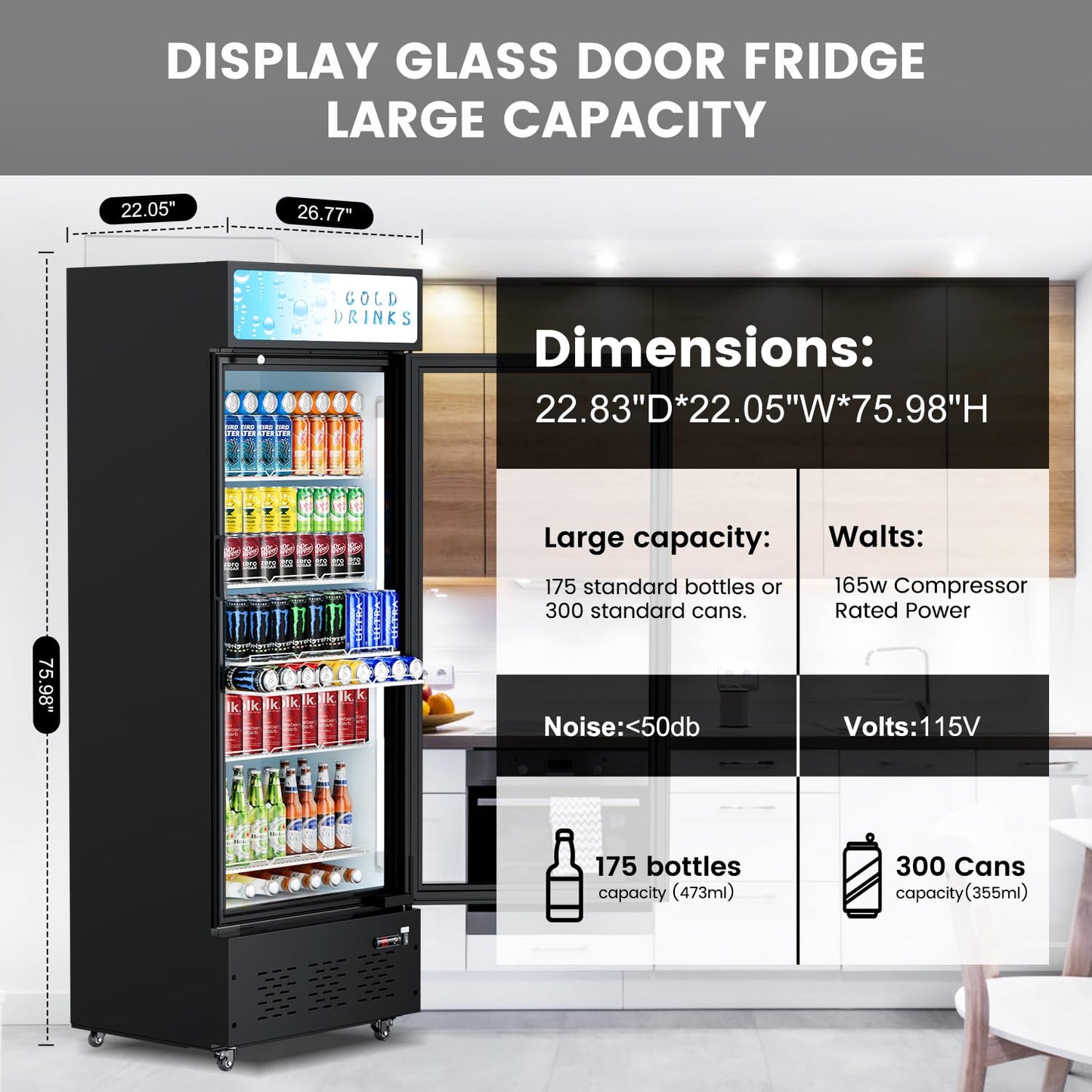 Ferueo Commercial Beverage Refrigerator, 15 Cu.ft.Display Fridge Glass Door Upright Display Door with Adjustable Shelves LED Light for Restaurant,Grocery Stores,Office