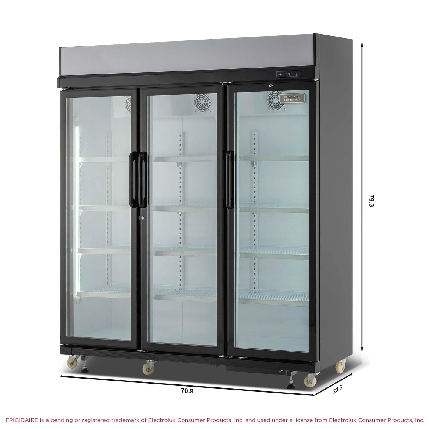 Frigidaire Commercial, 70.9" Triple Door Glass Display Refrigerator, Merchandiser Fridge, 49 Cu Ft, LED Lighting, 8 Wire Shelves, Digital Temperature Control, Self-Closing Glass Doors