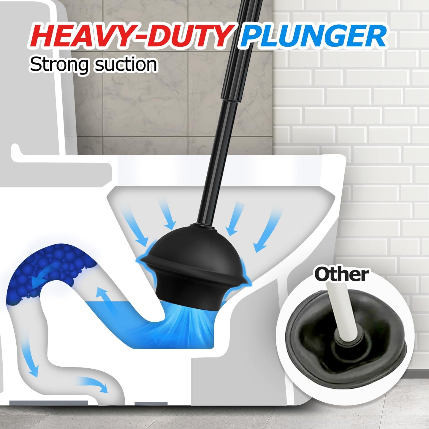 FORASTO 2 in 1 Toilet Plunger and Brush Set，Extended Handle Plunger，Toilet Bowl Brush Plunger Set, Bathroom Cleaning Tools ，Toilet Brush Plunger Combo，Cleaning Brush，Bathroom Cleaning Supplies