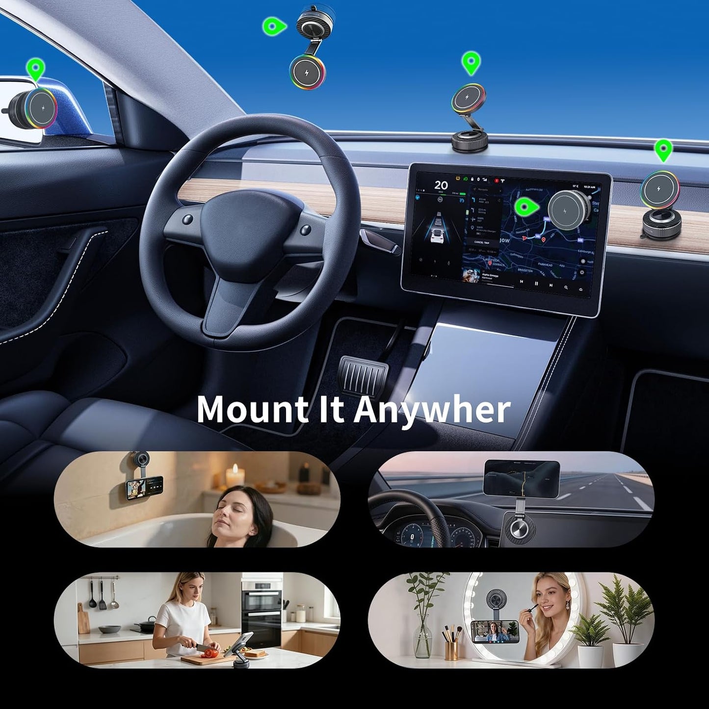 AAGJJ Holder,15W Android,360 3 Phone Holder for Model Y,Magnetic Phone Wireless Car Charger with Magsafe,Suction Cup