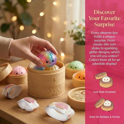 Dumpling Squeeze Toy - Glittery Stress Relief Ball with Steamer Box | Soft Sensory Gift for Kids & Adults (A-Blue)