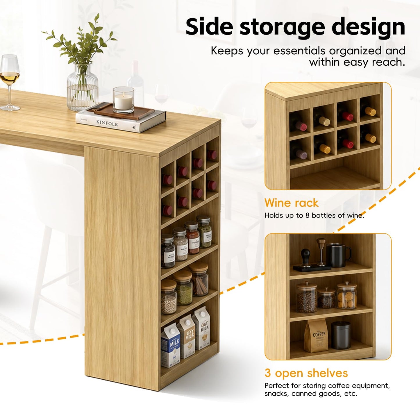 LHIUGE Kitchen Island with Storage, Fluted Counter Height Table, Home Bar Tables with Wine Rack and Drawers,Mid-Century Modern Kitchen Island Table for Kitchen, Dining Room, Living Room
