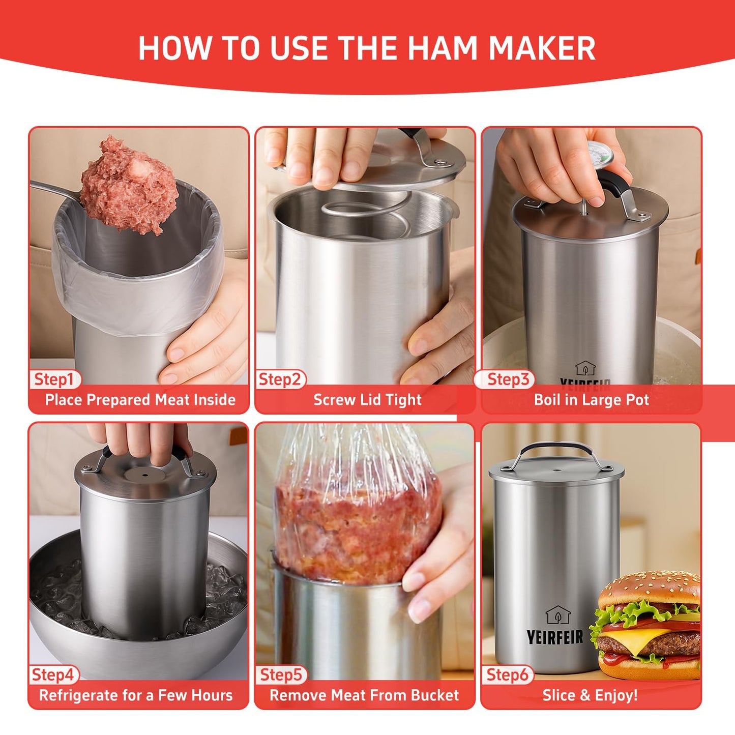 Ham Press with Large Dial Thermometer, 304 Stainless Steel Deli Meat Maker with Cool-Touch Handle for Homemade Healthy Lunch Meat, Includes 20 Cooking Bags & Recipes - YEIRFEIR
