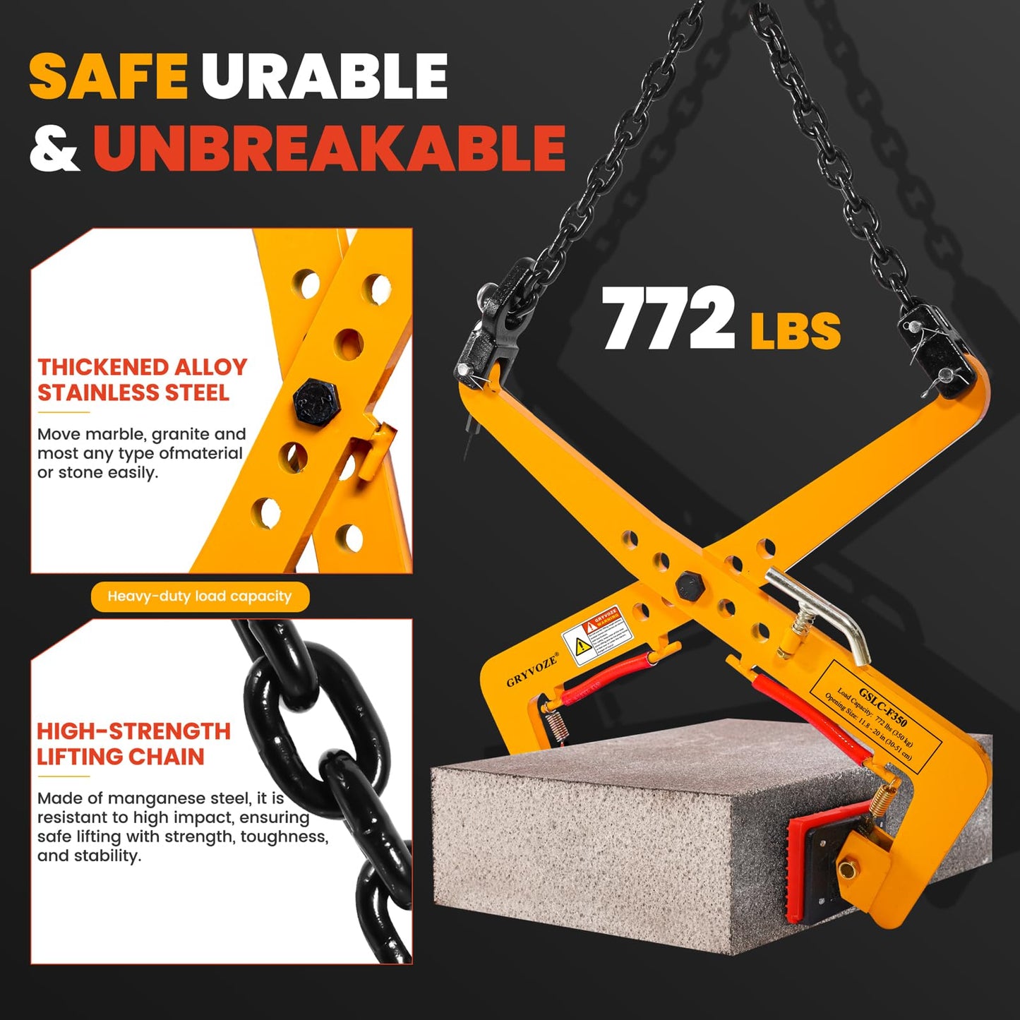 GRYVOZE 772 lbs Granite Slab Lifting Clamp, Adjustable Range: 11.8"-20", Heavy Duty Stone Scissor Lifter Clamp for Carrying and Vertical Transport of Marble, Concrete Blocks, Slate Sheets, Curb Stones