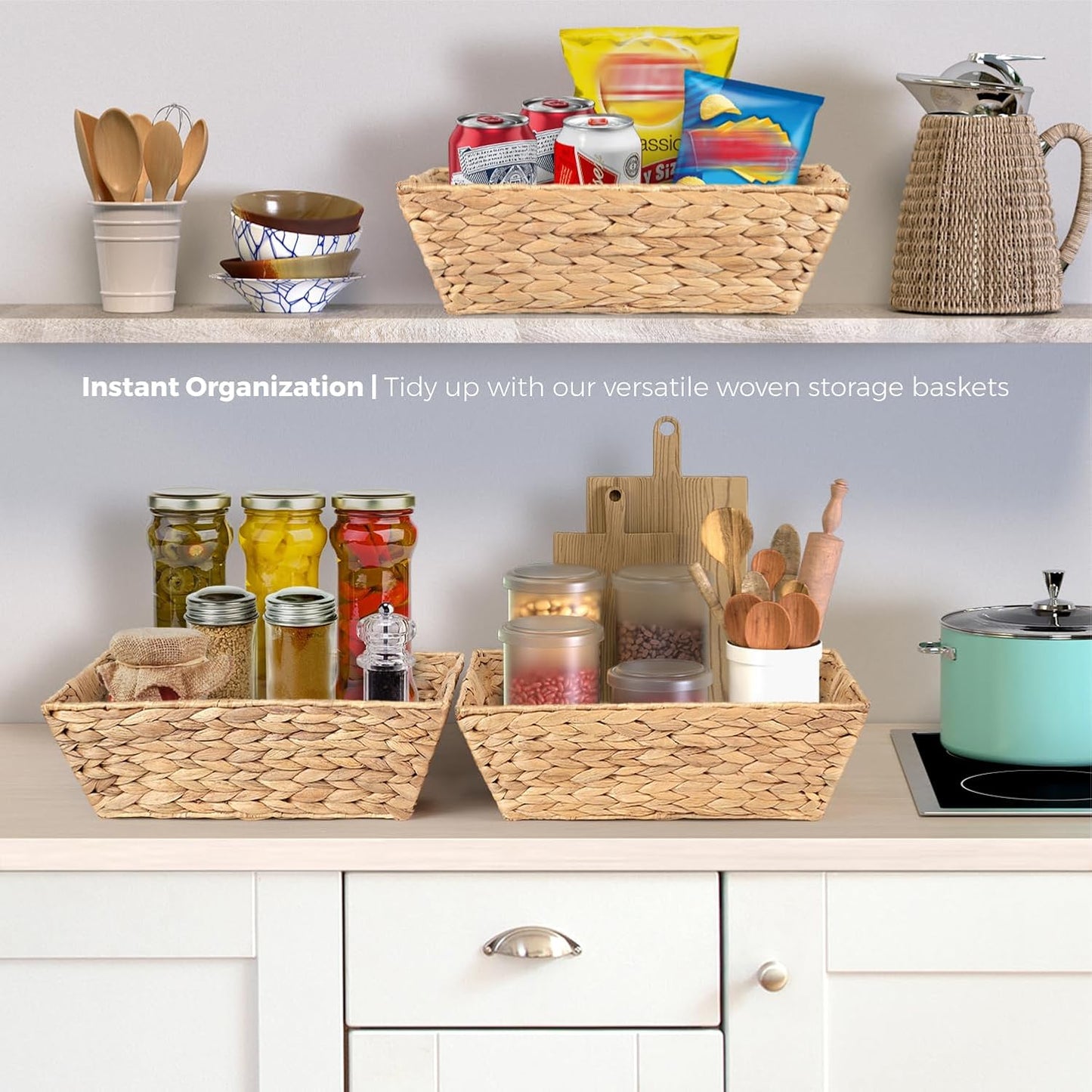 Water Hyacinth Snack Baskets by [Brand Name] - Set of 3 Wicker Organizers with Handles for Office Use