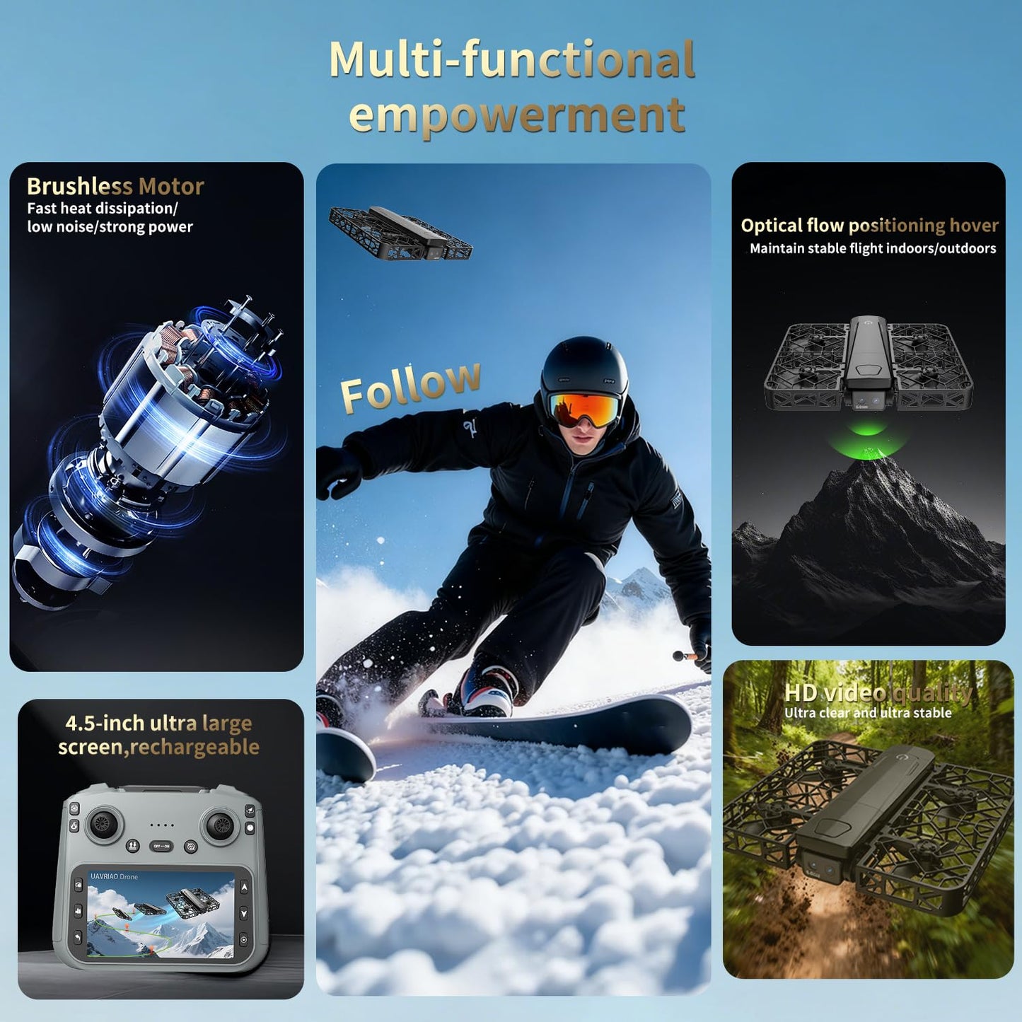 UAVRIAO Foldable Pocket Mini Drone with 2K Camera, Auto Follow, Selfie Drone, Screen Remote Control, One-Key Takeoff/Landing, 360-Degree Mesh Protection, Stunt Mode Suitable for Adult Beginners