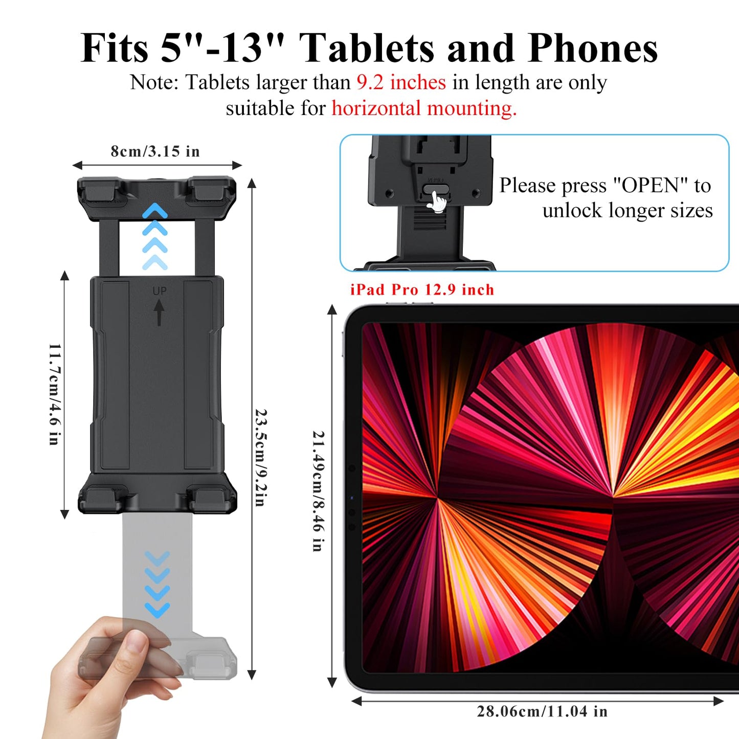 OHLPRO Tablet Mic Stand Holder for iPad Treadmill Handlebar Clamp, Mount for Spin Bike Microphone Peloton Stroller Bicycle, Fit 5-13” iPad Pro 12.9 Air Mini, Galaxy Tab, iPhone, Fire HD 10