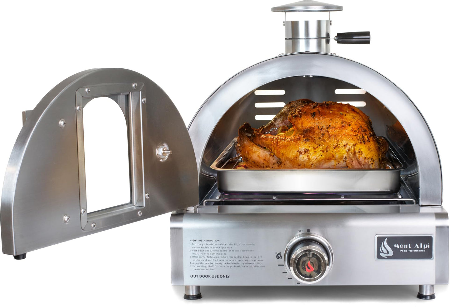 Mont Alpi 17"W x 18"D x 19"H Stainless Steel Premium Outdoor Kitchen Countertop Table Top Portable Propane Gas Pizza Oven with Grease Tray + 12" Pizza Stone - Great for Camping Backyard and Tailgating