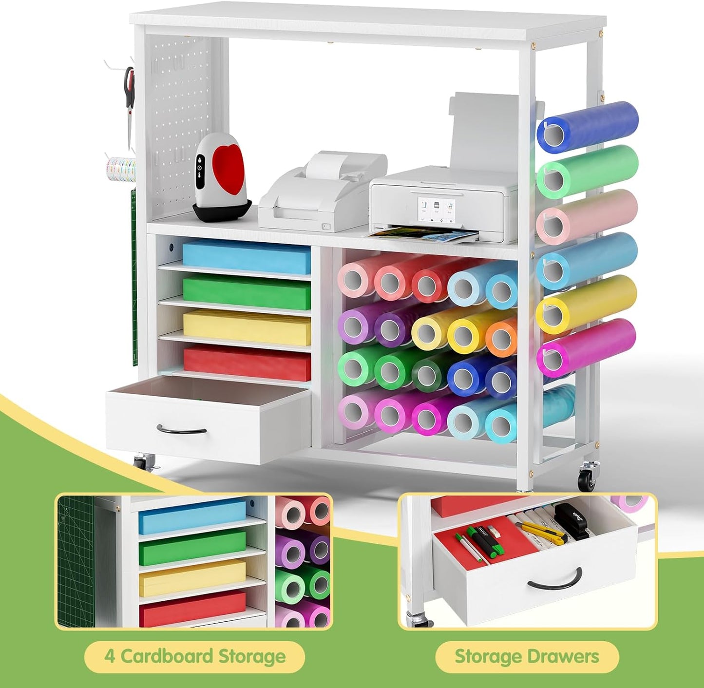 Skiennix Craft Storage Cart - Mobile Organizer with Vinyl Roll Holder & Drawers | Ideal for Studios & Offices