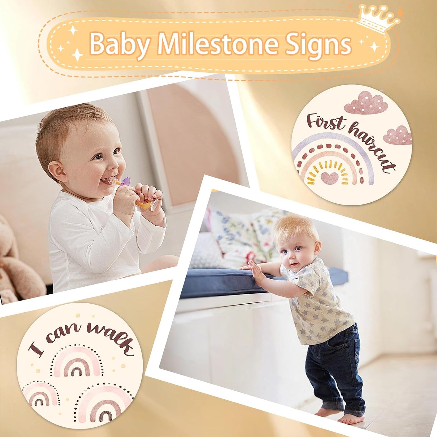 Set(13pcs) Baby Monthly Milestone Cards Sign - Double Sided Wooden Milestone Cards with Rainbow Design, Wooden Circles