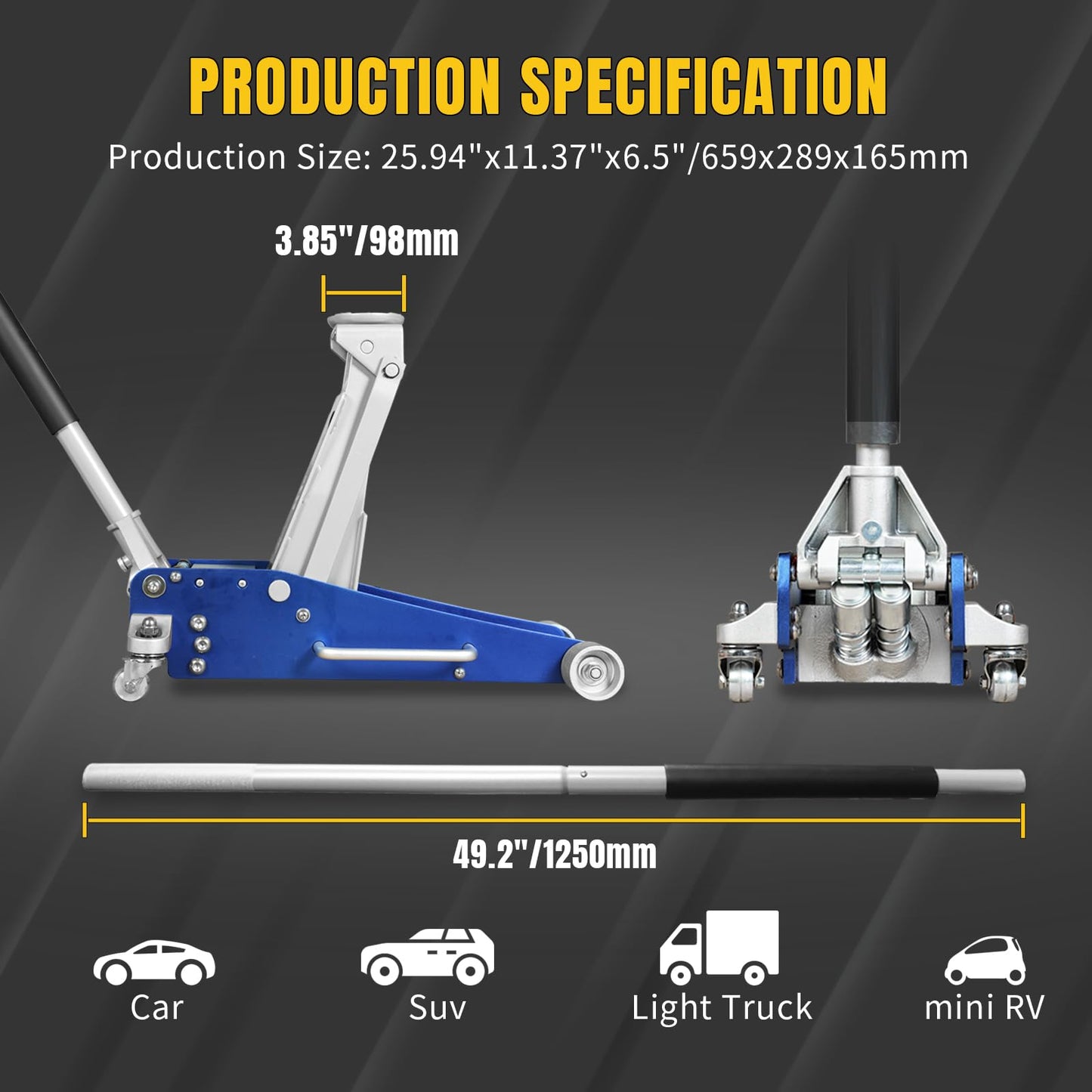 YELLOW JACKET Floor Jack 2.5 Ton Hydraulic Low Profile Aluminum and Steel Racing Car Jack with Fast Lifting Dual Pump, 5500 lbs Capacity