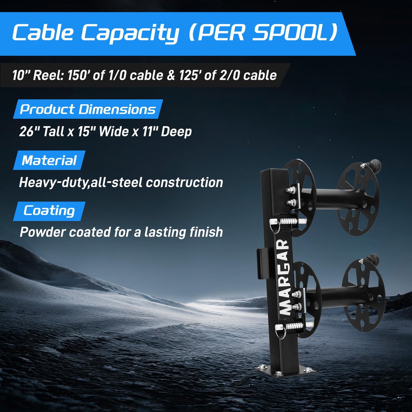Heavy Duty Double Welding Cable Lead Reel, 10°Tilting Fixed Base, Accommodates 150 Feet of 1/0 and 125 Feet of 2/0 Cable (10" Reel)