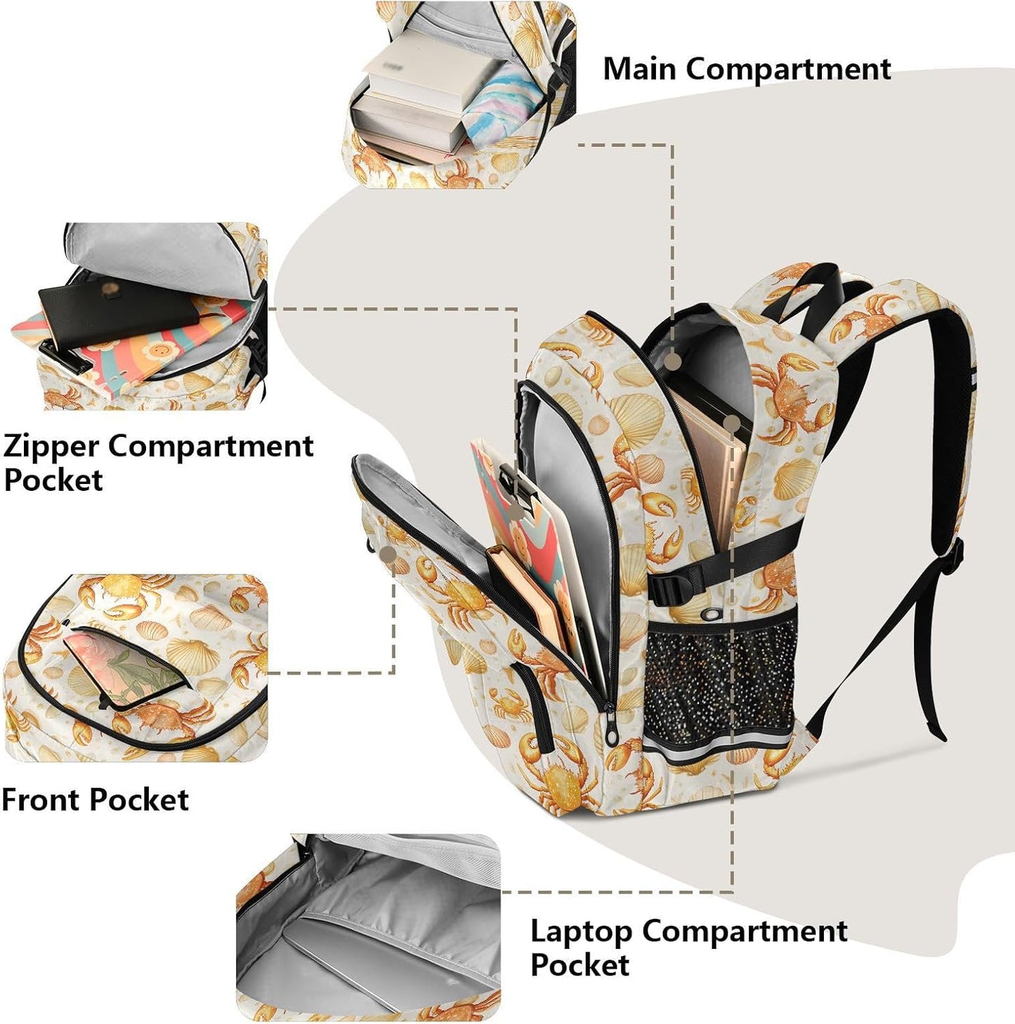 Backpack Backpack Daypack ALAZA School for Teen Girls Boys Ocean Coastal Crab Shellfish Kids Purse College Laptop