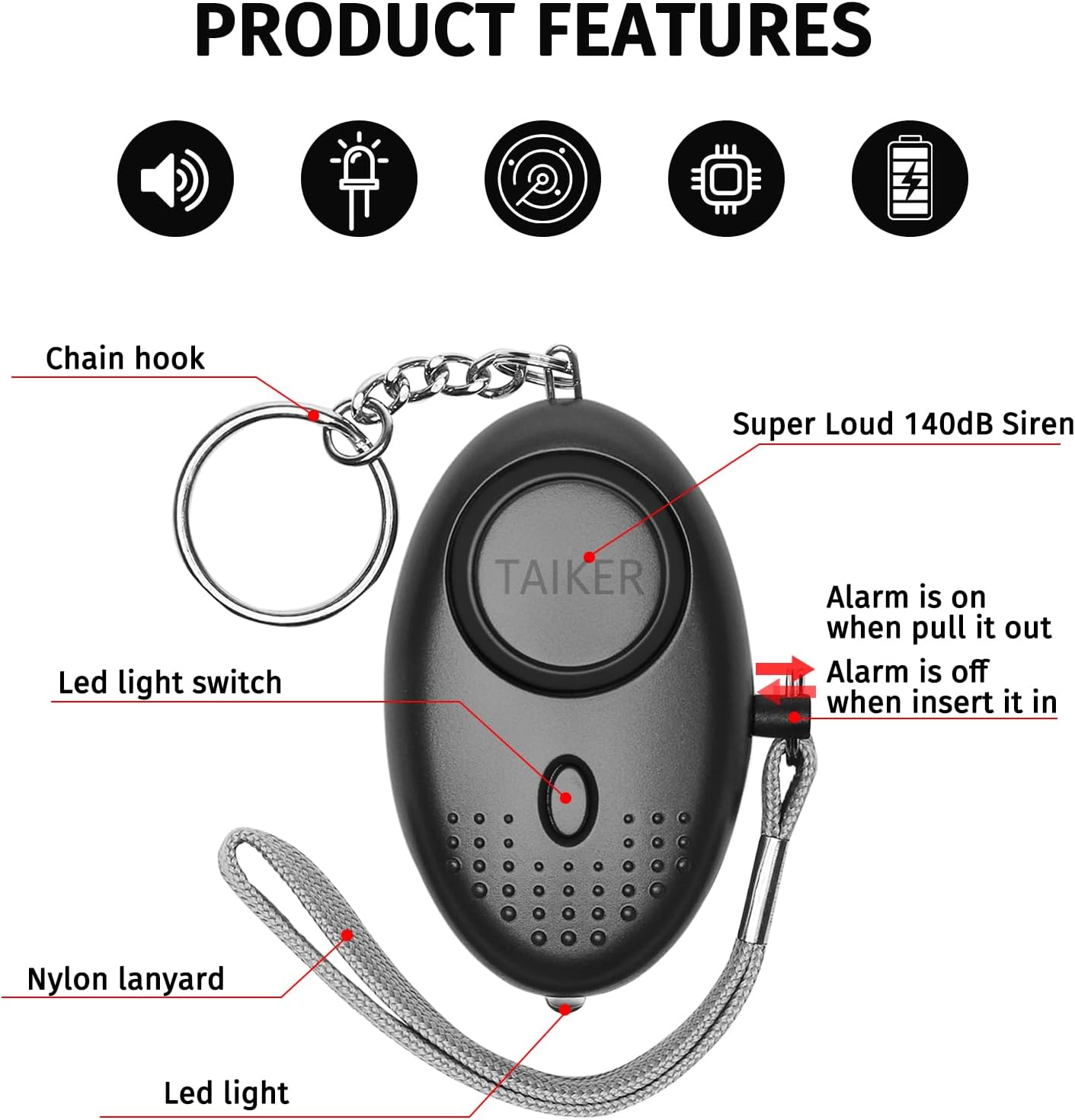 Taiker 140DB Elders-2 Pack Personal Alarm for Women Emergency Self-Defense Security Alarm Keychain with LED Light