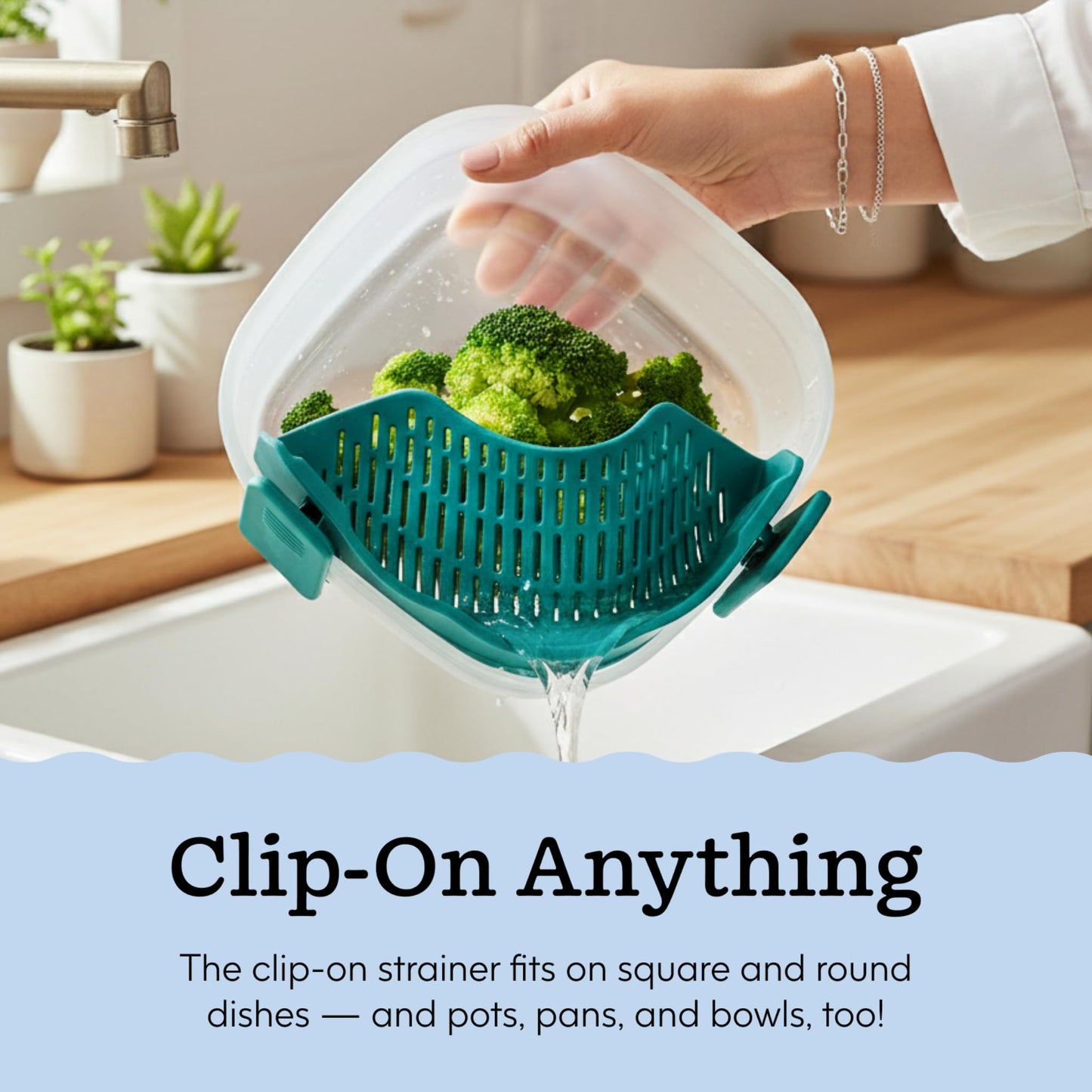Anyday Silicone Clip On Strainer for Pots and Pans & Glass Dishes | Pot Strainer Silicone, Universal Clip On Pasta Strainer for Meat, Rice, & Vegetables (Kale)