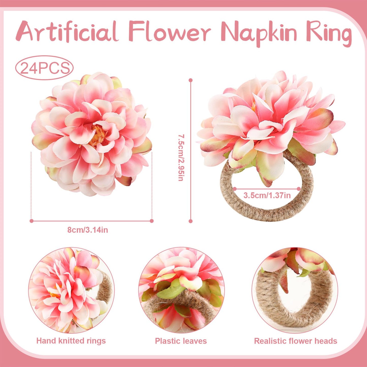 24 Pcs Flower Napkin Rings Daisy Flower Handcraft Floral Napkin Holder Rings for Wedding, Holiday Banquet, Luncheons, Birthday Party Dining Table Decor